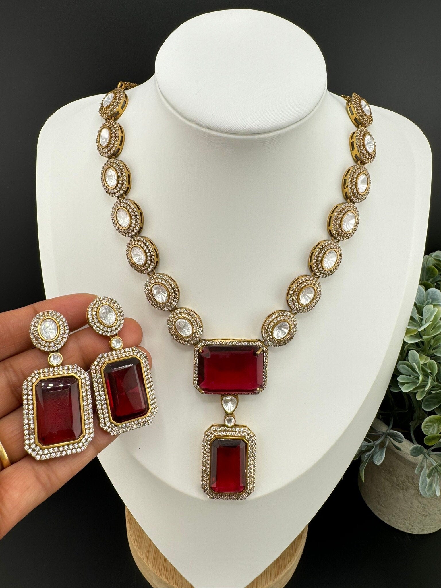 Premium Qlty Uncut moissanite Kundan, Big Maroon/Dark Red glass stone Necklace with earrings/Indian jewelry/silver foil back/Premium Kundan