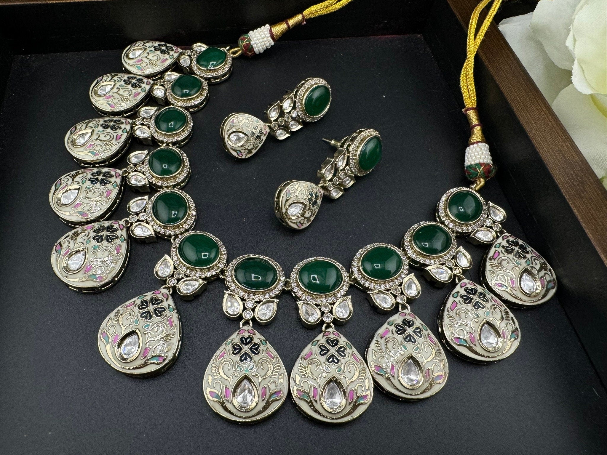 RAVISHING BRIDAL!!! Polki Premium Quality Tyaani Kundan Italian Mina Necklace set with earrings/bridal set/Bridesmaids Set/High gloss Enamel