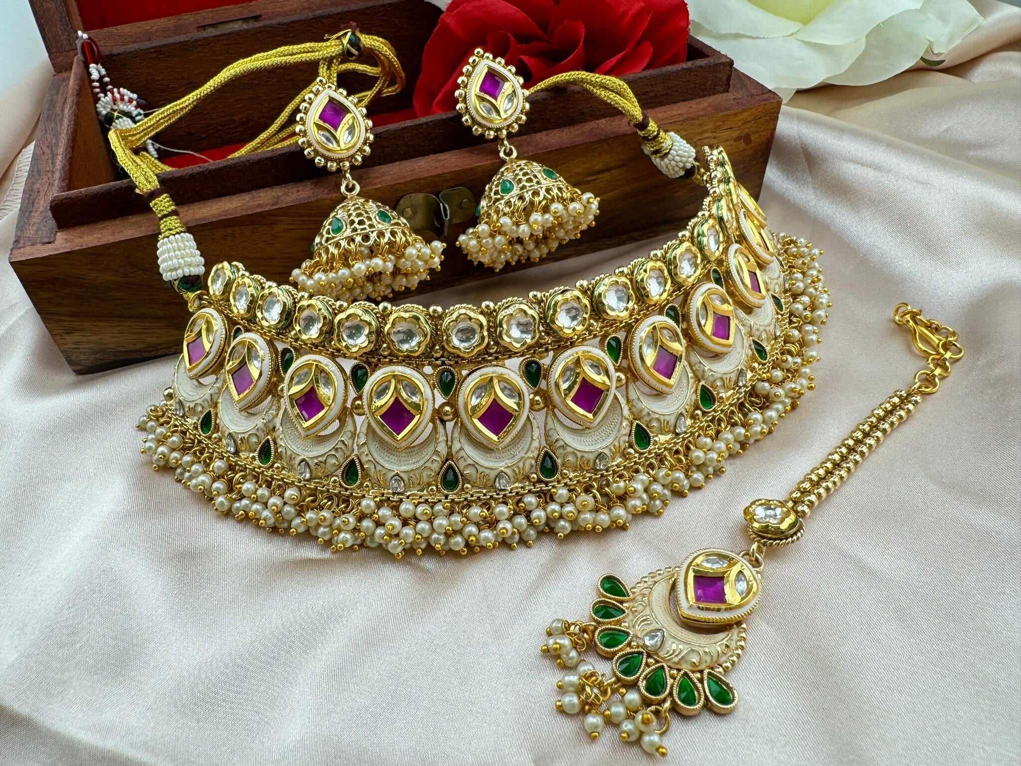 Premium Quality Polki Kundan Minakari Rajwadi polish Necklace Bridal set/Ruby  Necklace/Wedding Jewelry/Indian Jewelry/Rajwadi choker set