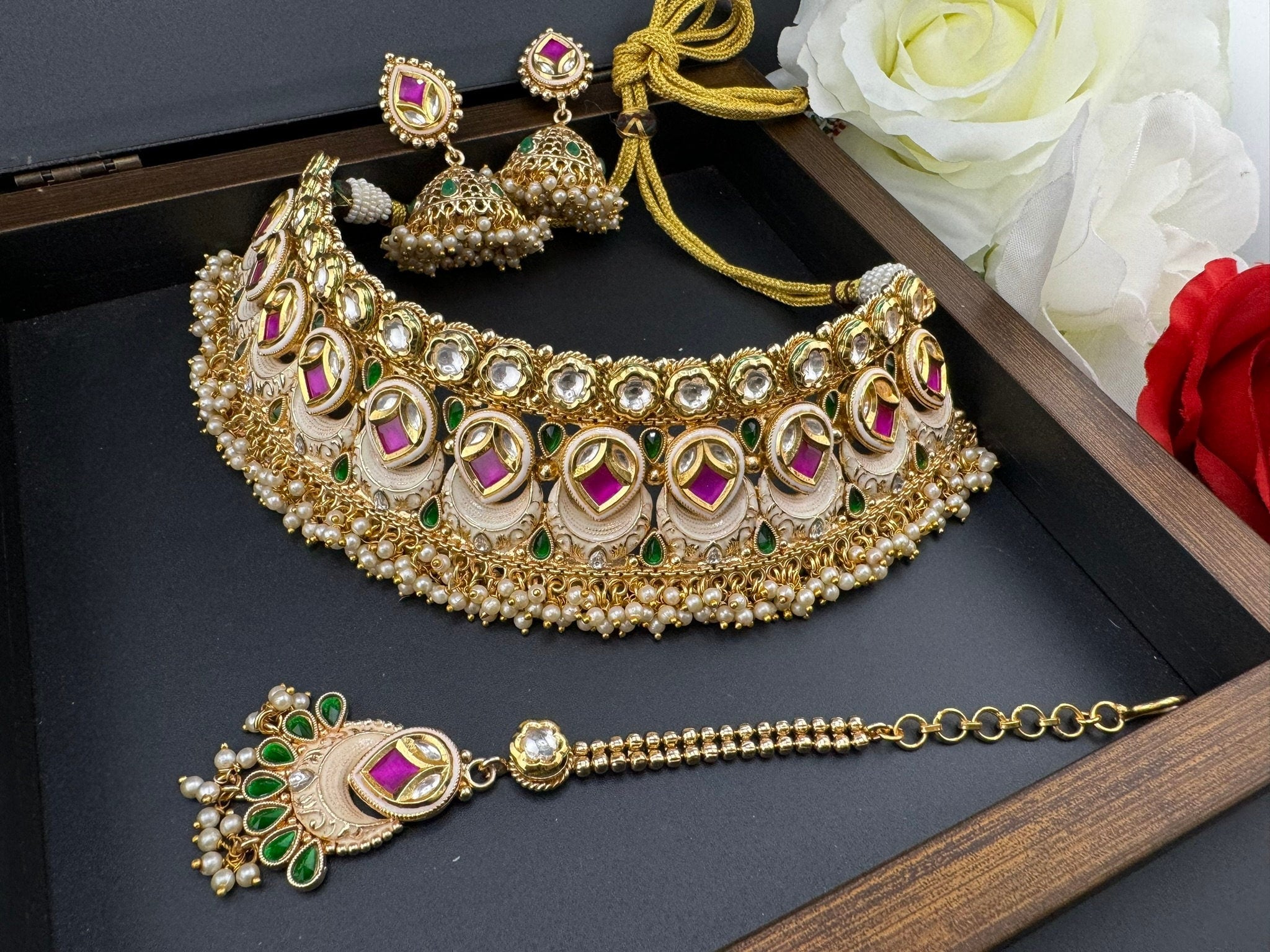 Premium Quality Polki Kundan Minakari Rajwadi polish Necklace Bridal set/Ruby  Necklace/Wedding Jewelry/Indian Jewelry/Rajwadi choker set