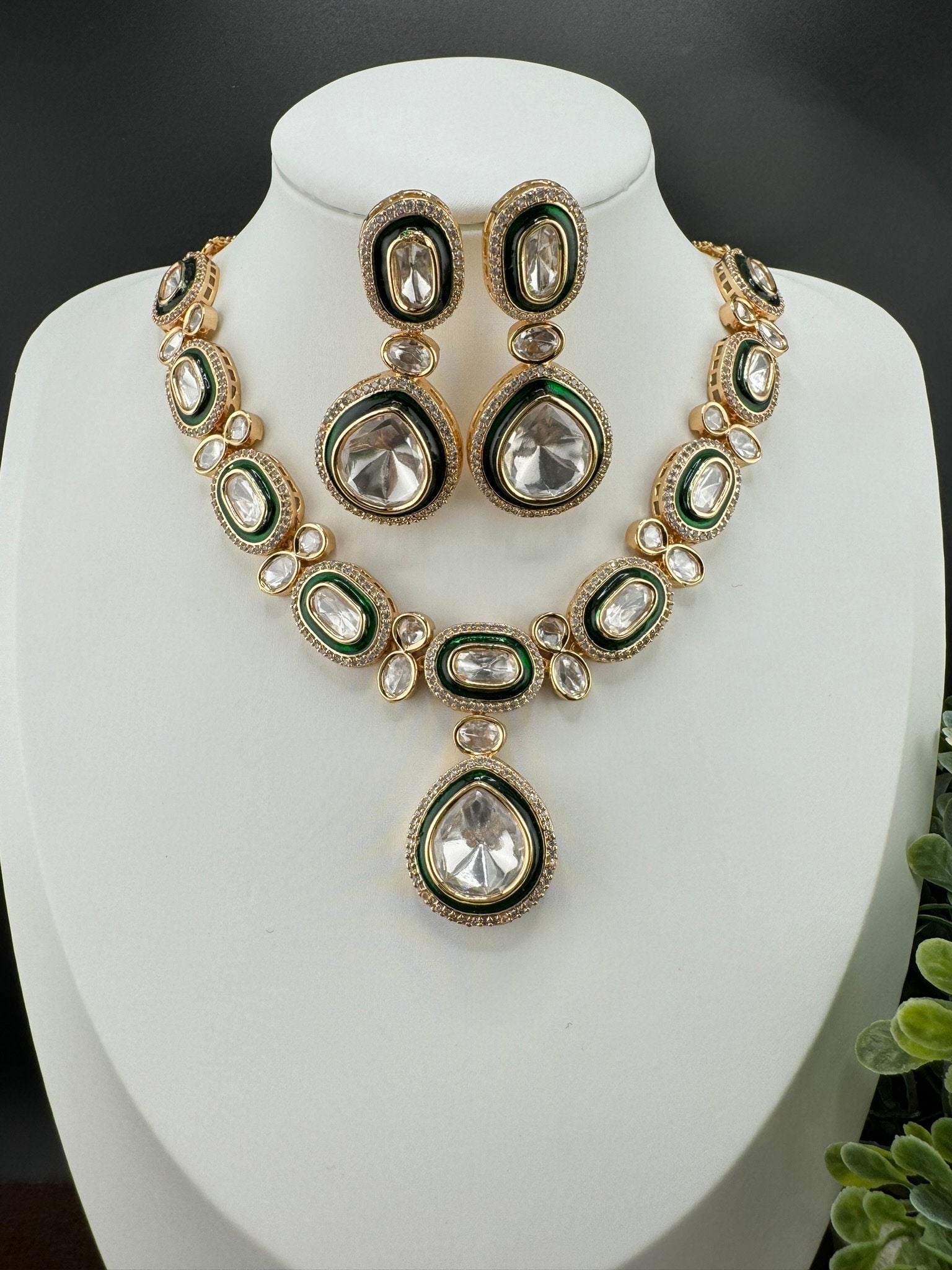 Polki Premium Quality Tyaani Kundan Green Italian Mina Necklace set with earrings/Indian necklace/bridal/Bridesmaids gift/High gloss Enamel