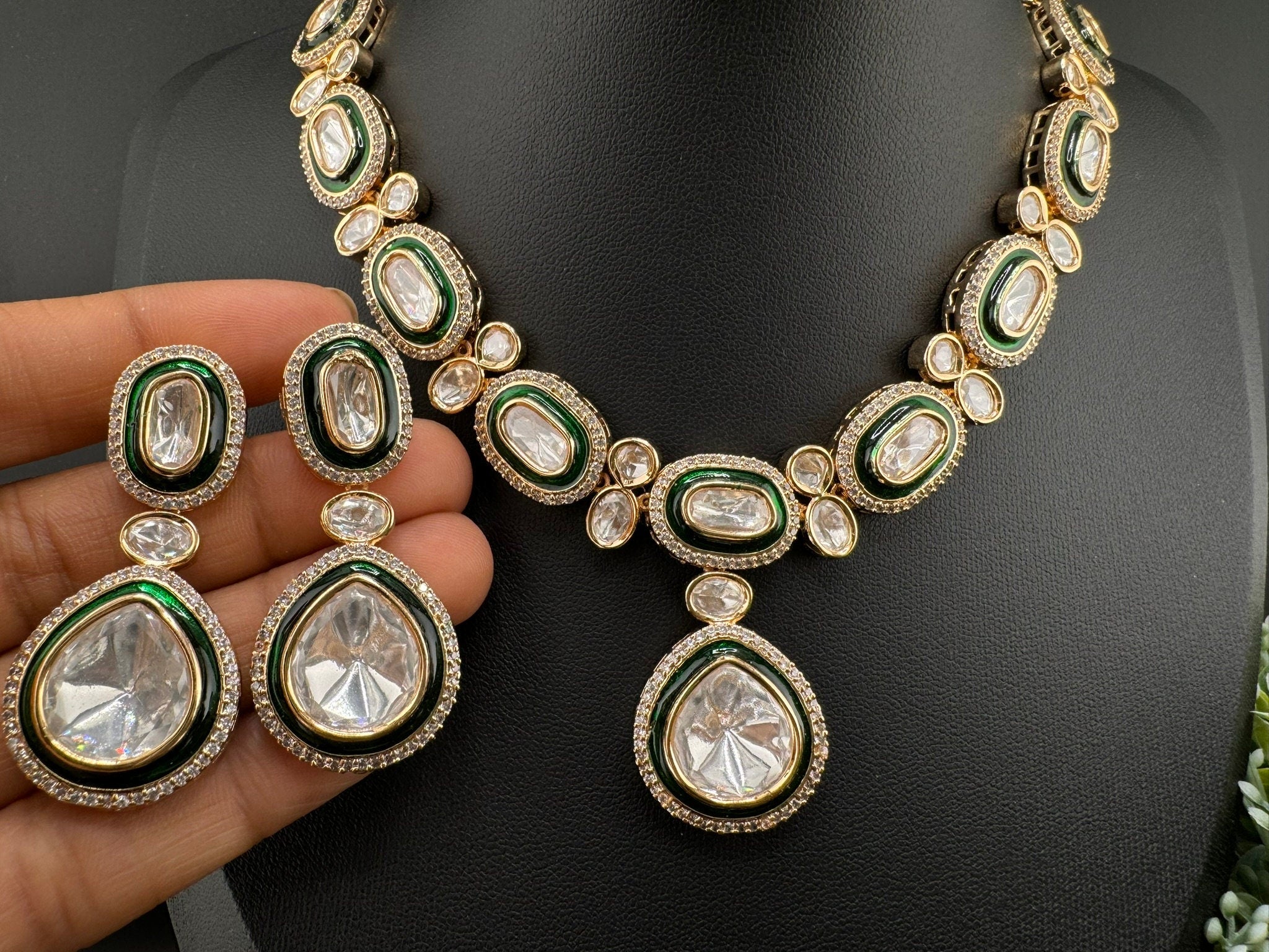 Polki Premium Quality Tyaani Kundan Green Italian Mina Necklace set with earrings/Indian necklace/bridal/Bridesmaids gift/High gloss Enamel