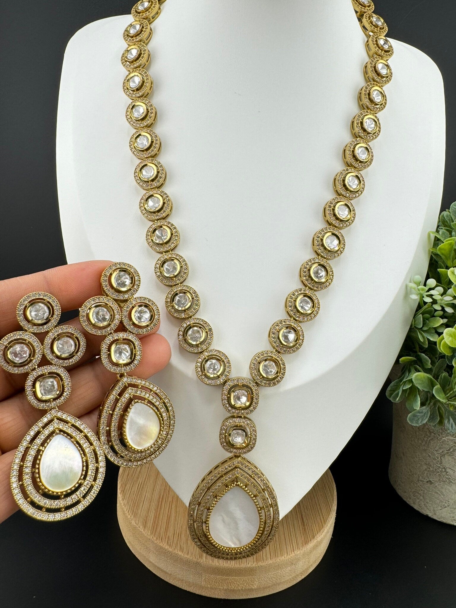 Polki Premium Moissanite Kundan, CZ, MOP Victorian Polish Long Necklace with earrings/Indian jewelry/Bridal necklace/wedding/Sabyasachi