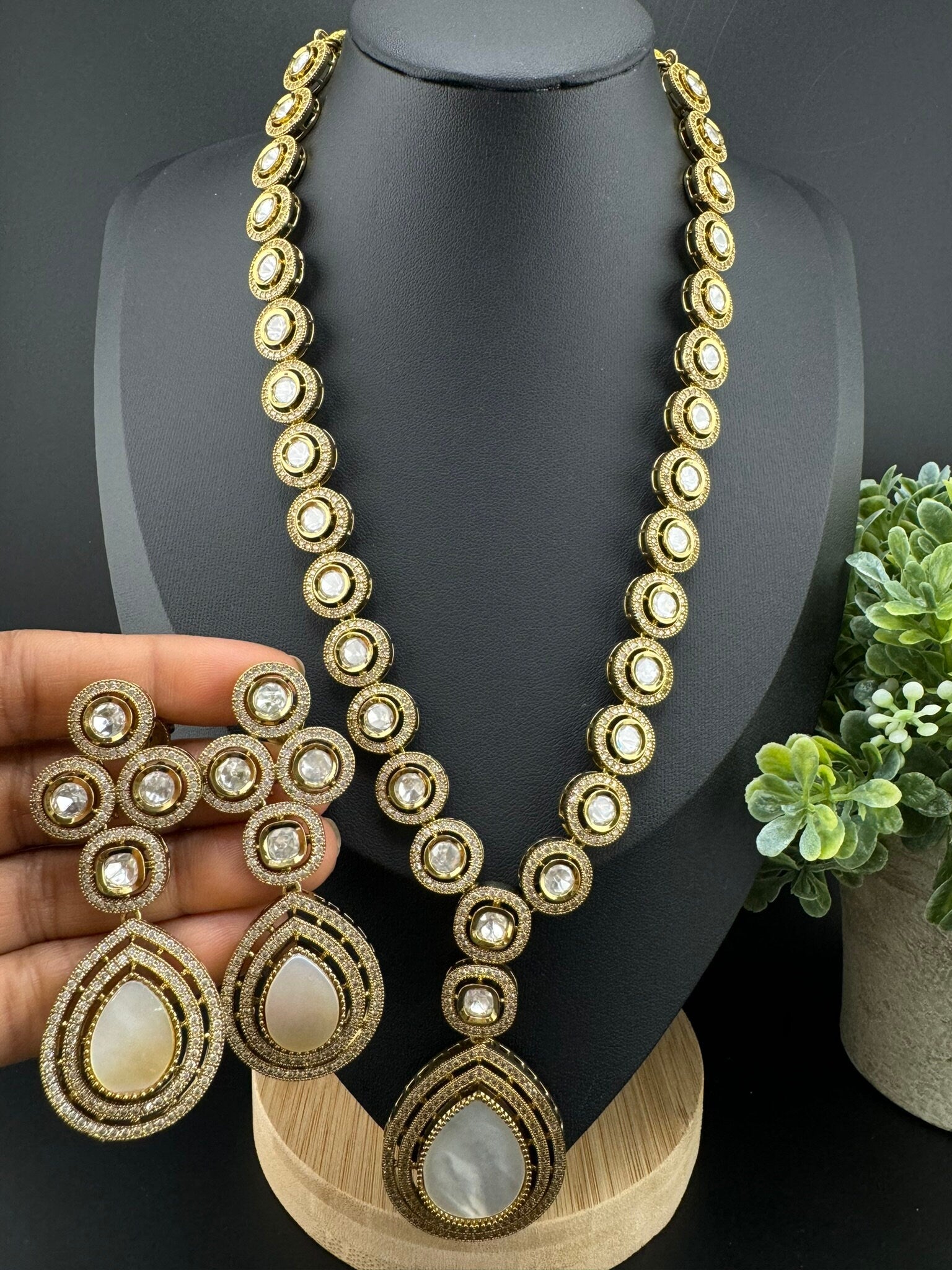 Polki Premium Moissanite Kundan, CZ, MOP Victorian Polish Long Necklace with earrings/Indian jewelry/Bridal necklace/wedding/Sabyasachi