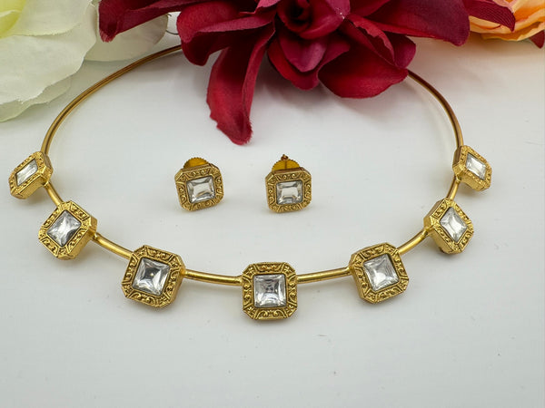 Premium Quality Moissanite Kundan Matt Gold Hasli Necklace with studs earring/Indian jewelry/Sleek Necklace set/Bridesmaids gift/western set