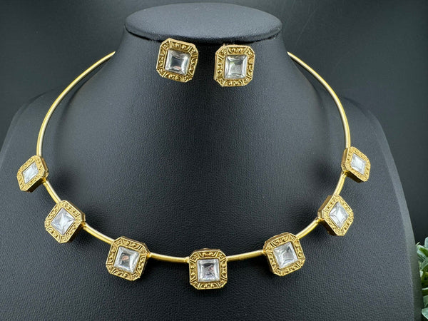 Premium Quality Moissanite Kundan Matt Gold Hasli Necklace with studs earring/Indian jewelry/Sleek Necklace set/Bridesmaids gift/western set