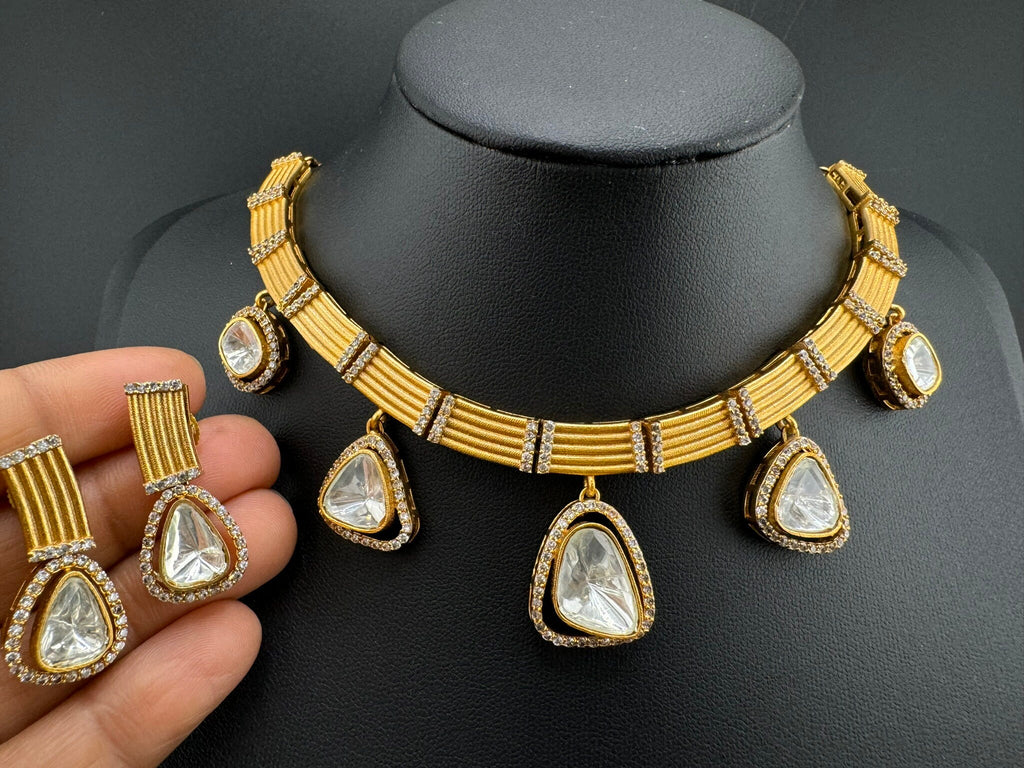 Premium Quality Moissanite Kundan CZ Matt Gold Flexible Hasli Necklace with studs earring/Indian jewelry/Sleek Necklace set/Bridesmaids gift