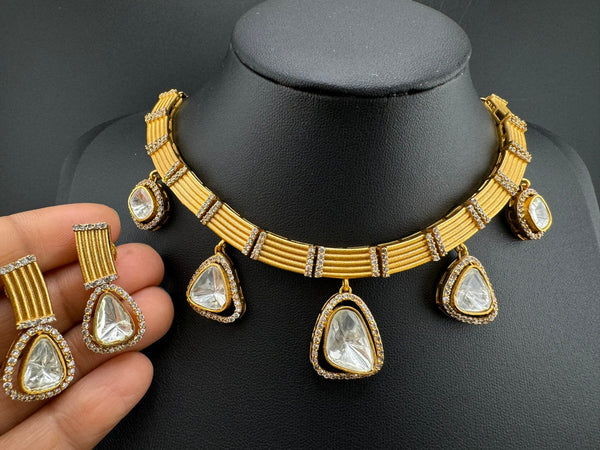 Premium Quality Moissanite Kundan CZ Matt Gold Flexible Hasli Necklace with studs earring/Indian jewelry/Sleek Necklace set/Bridesmaids gift