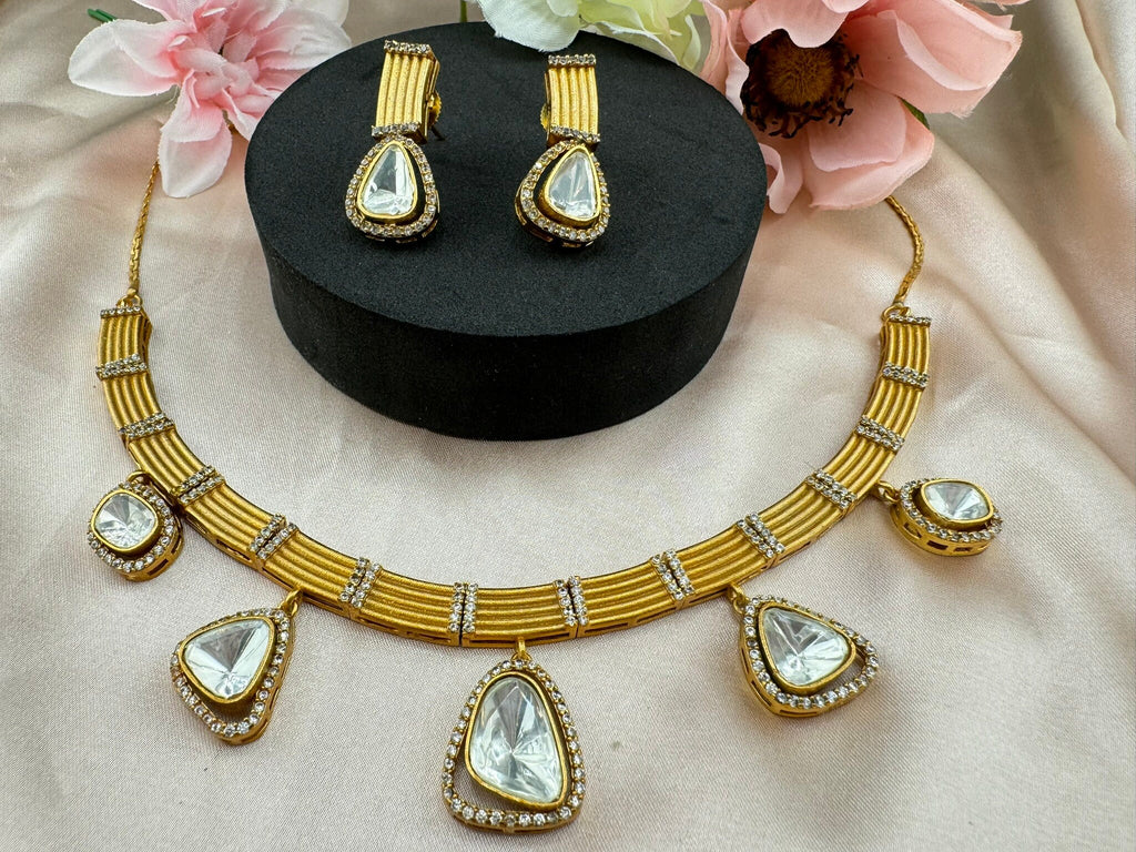 Premium Quality Moissanite Kundan CZ Matt Gold Flexible Hasli Necklace with studs earring/Indian jewelry/Sleek Necklace set/Bridesmaids gift