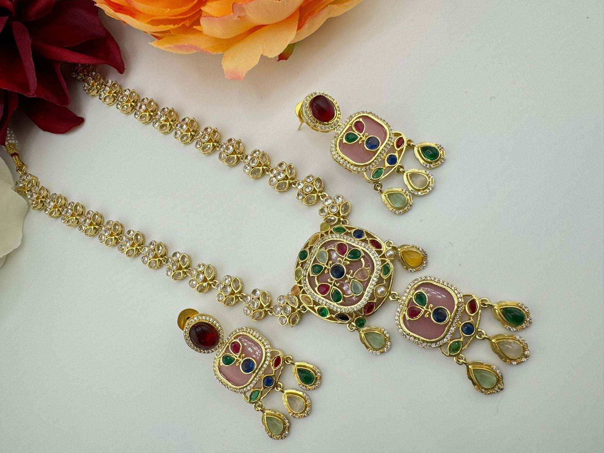 Polki, Premium Moissanite Kundan, CZ, Pink High Polish Long Amrapali inspired Necklace with earrings/Indian jewelry/Bridal necklace/wedding