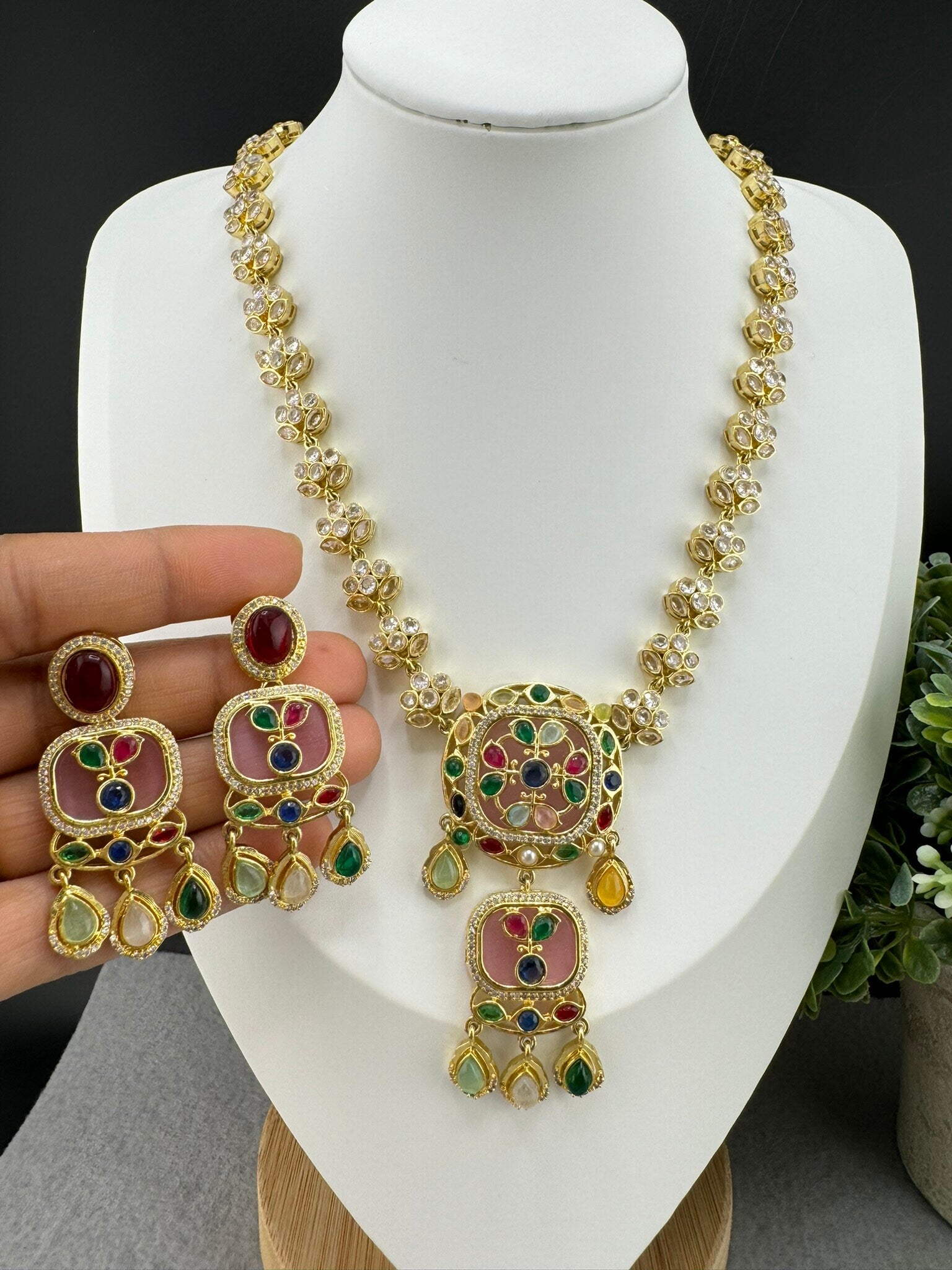 Polki, Premium Moissanite Kundan, CZ, Pink High Polish Long Amrapali inspired Necklace with earrings/Indian jewelry/Bridal necklace/wedding