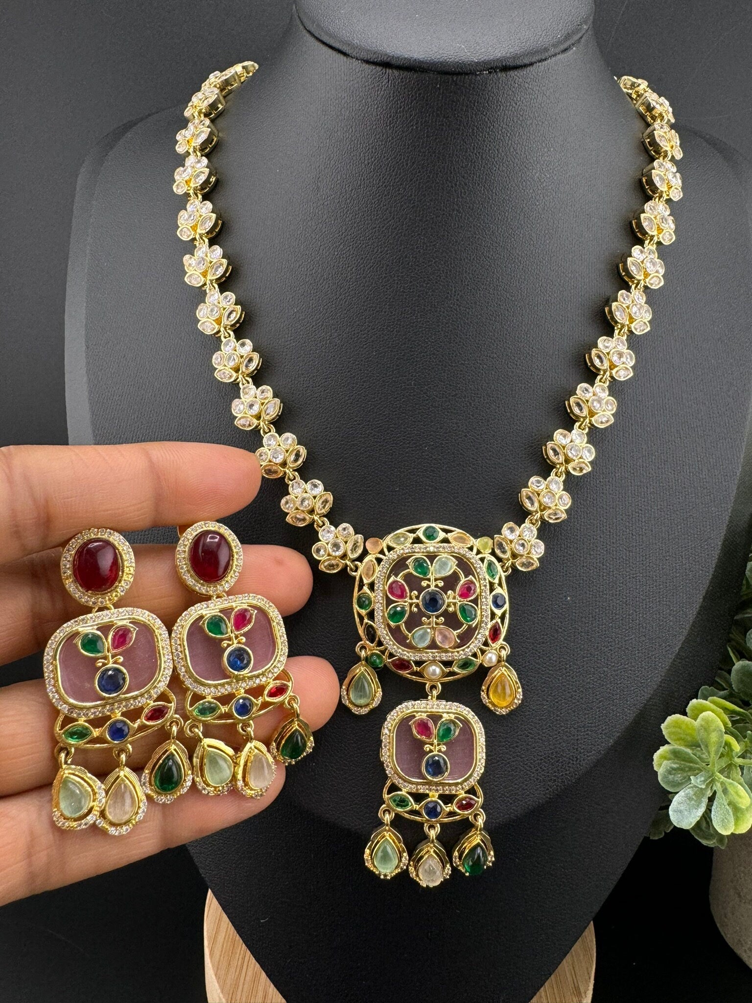 Polki, Premium Moissanite Kundan, CZ, Pink High Polish Long Amrapali inspired Necklace with earrings/Indian jewelry/Bridal necklace/wedding