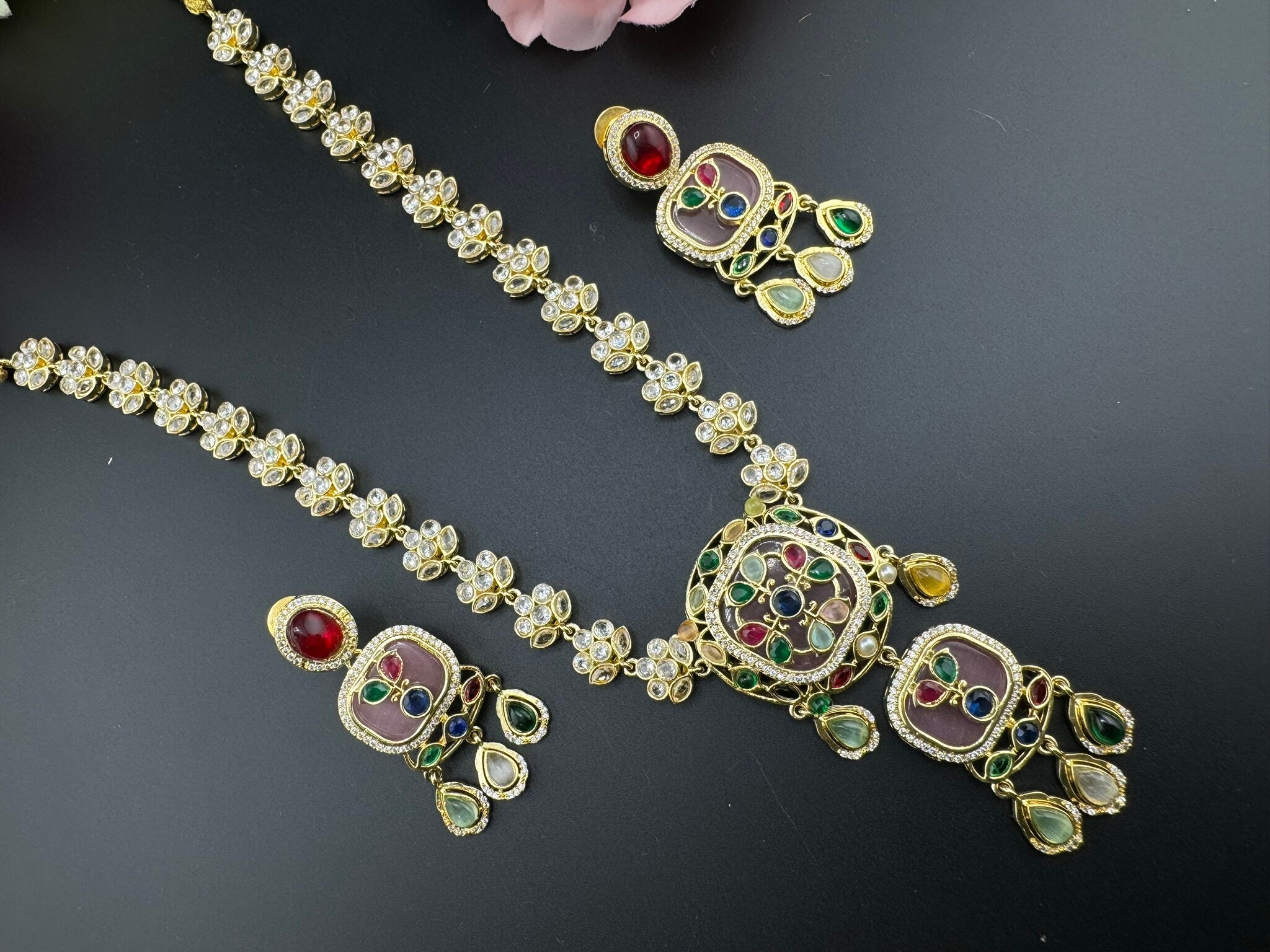 Polki, Premium Moissanite Kundan, CZ, Pink High Polish Long Amrapali inspired Necklace with earrings/Indian jewelry/Bridal necklace/wedding