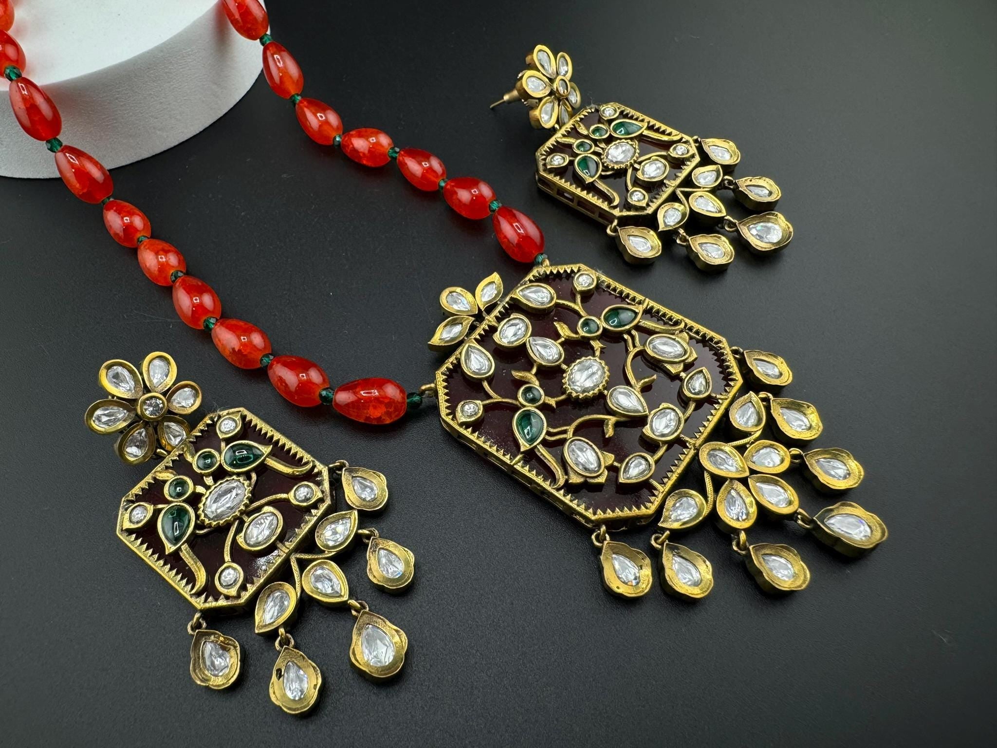 Amrapali Inspired Premium Long Necklace set with moissanite Kundan Inlay work on Stone