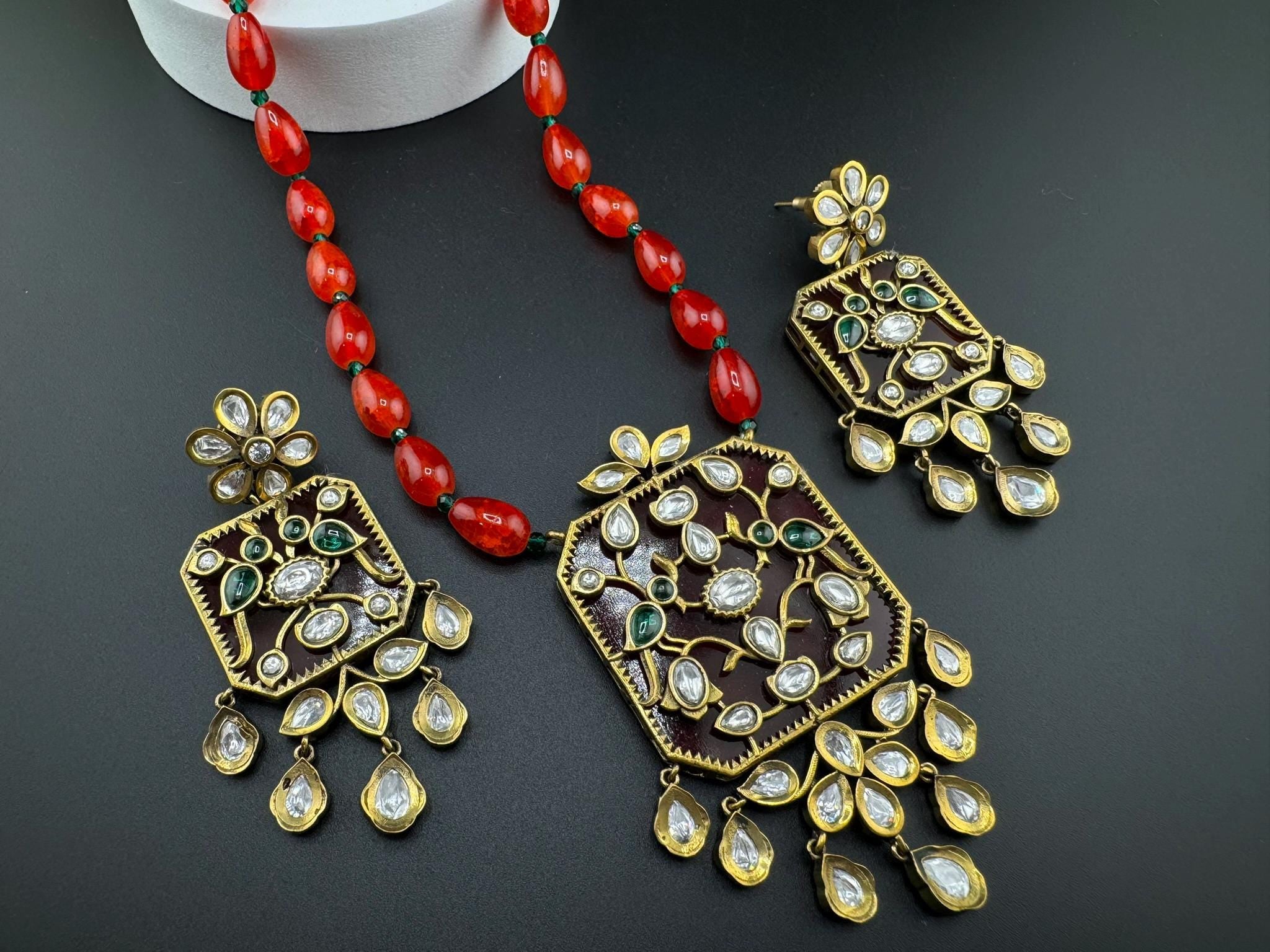 Amrapali Inspired Premium Long Necklace set with moissanite Kundan Inlay work on Stone