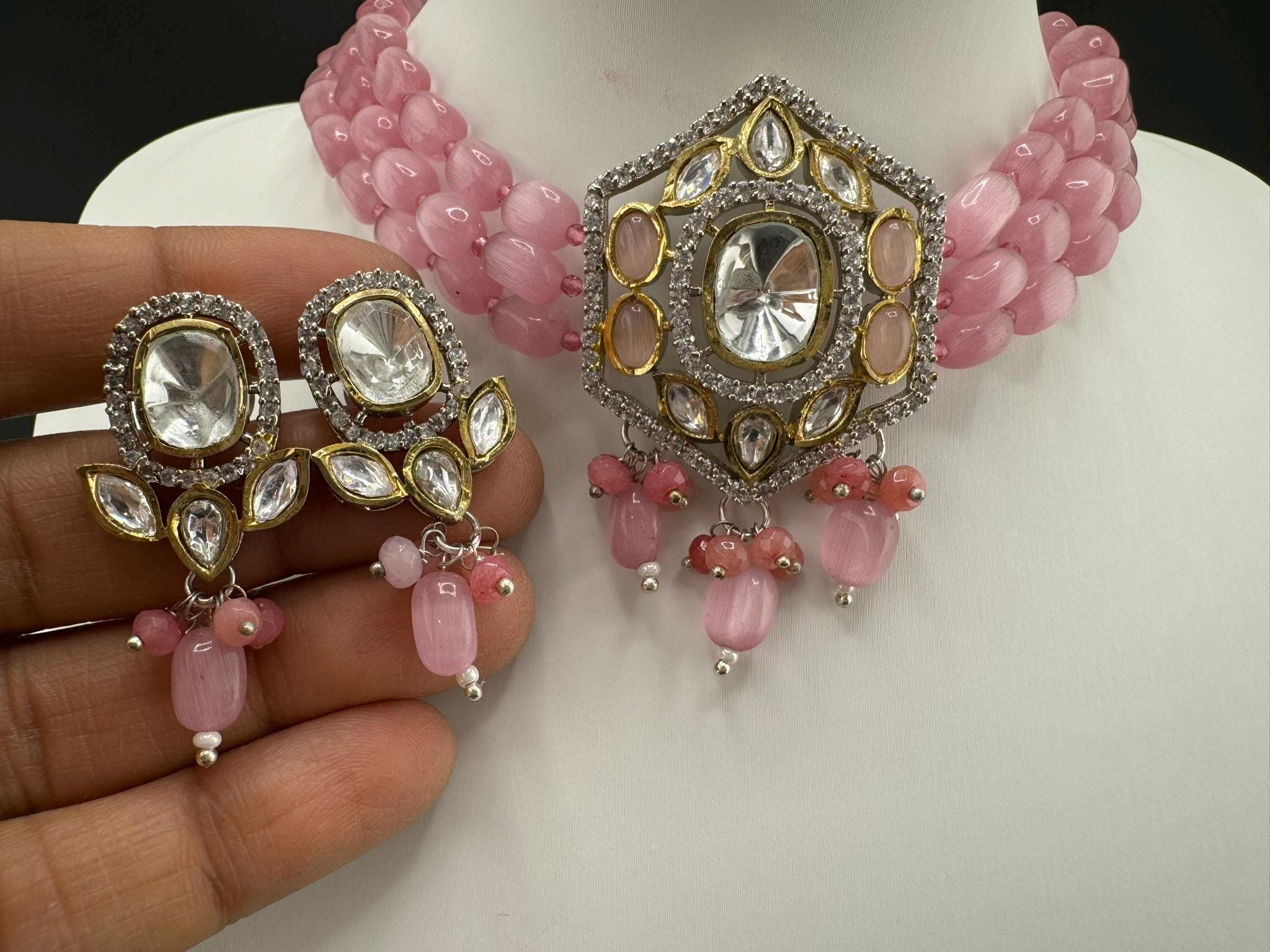 Tyaani Inspired Premium Fusion necklace with HQ Kundan, onyx beads and natural stones