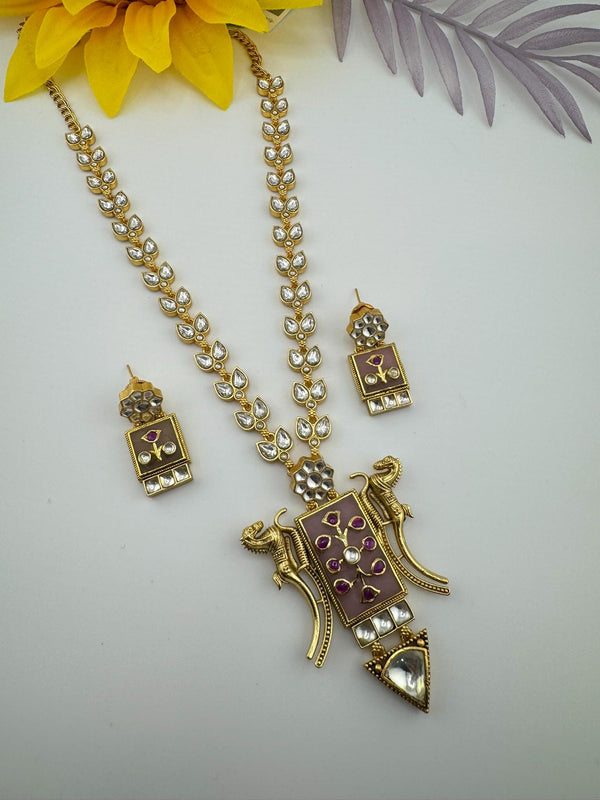 Pink Amrapali Inspired, Premium Quality Inlay work on natural stone long Necklace set