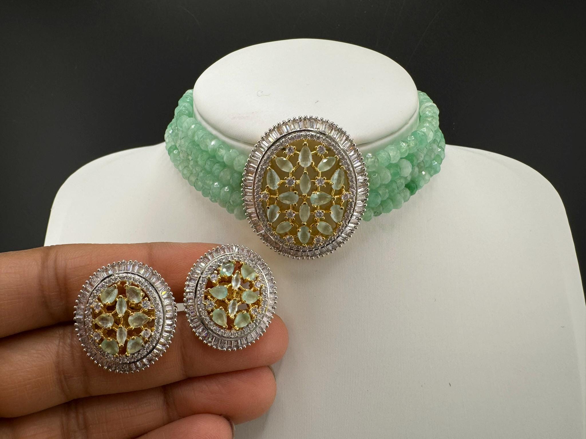 Premium Fusion necklace with CZ Pendant, natural stones and onyx beads choker Necklace set