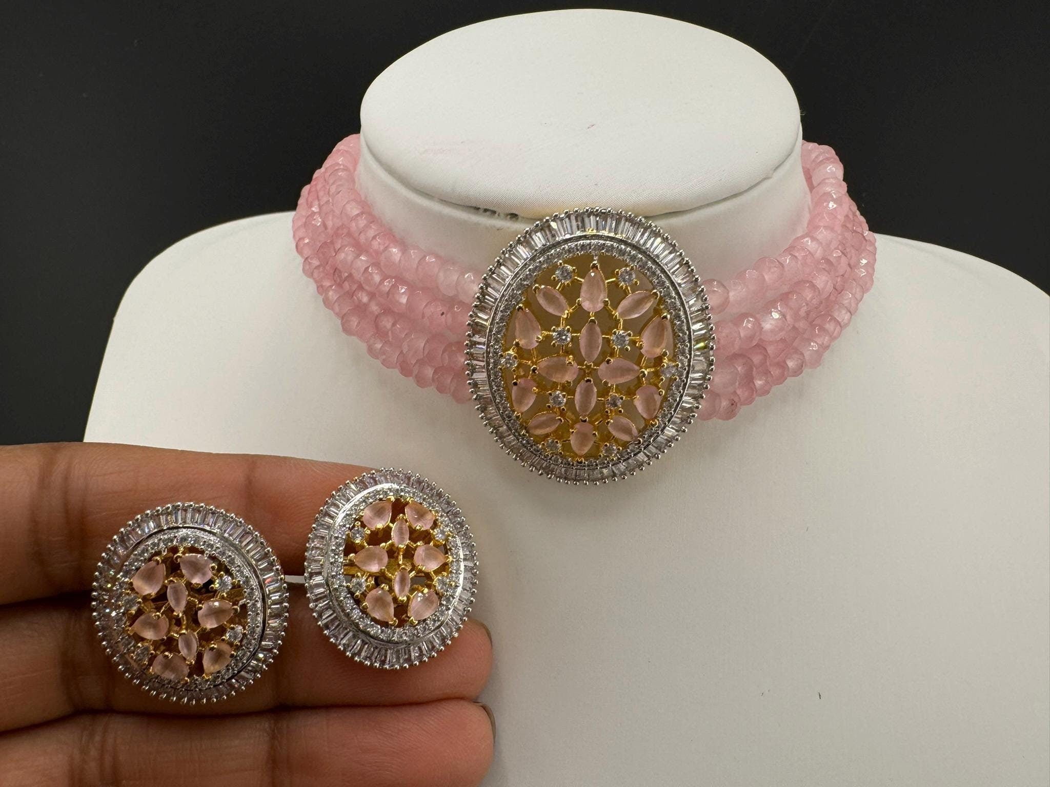 Premium Fusion necklace with CZ Pendant, natural stones and onyx beads choker Necklace set