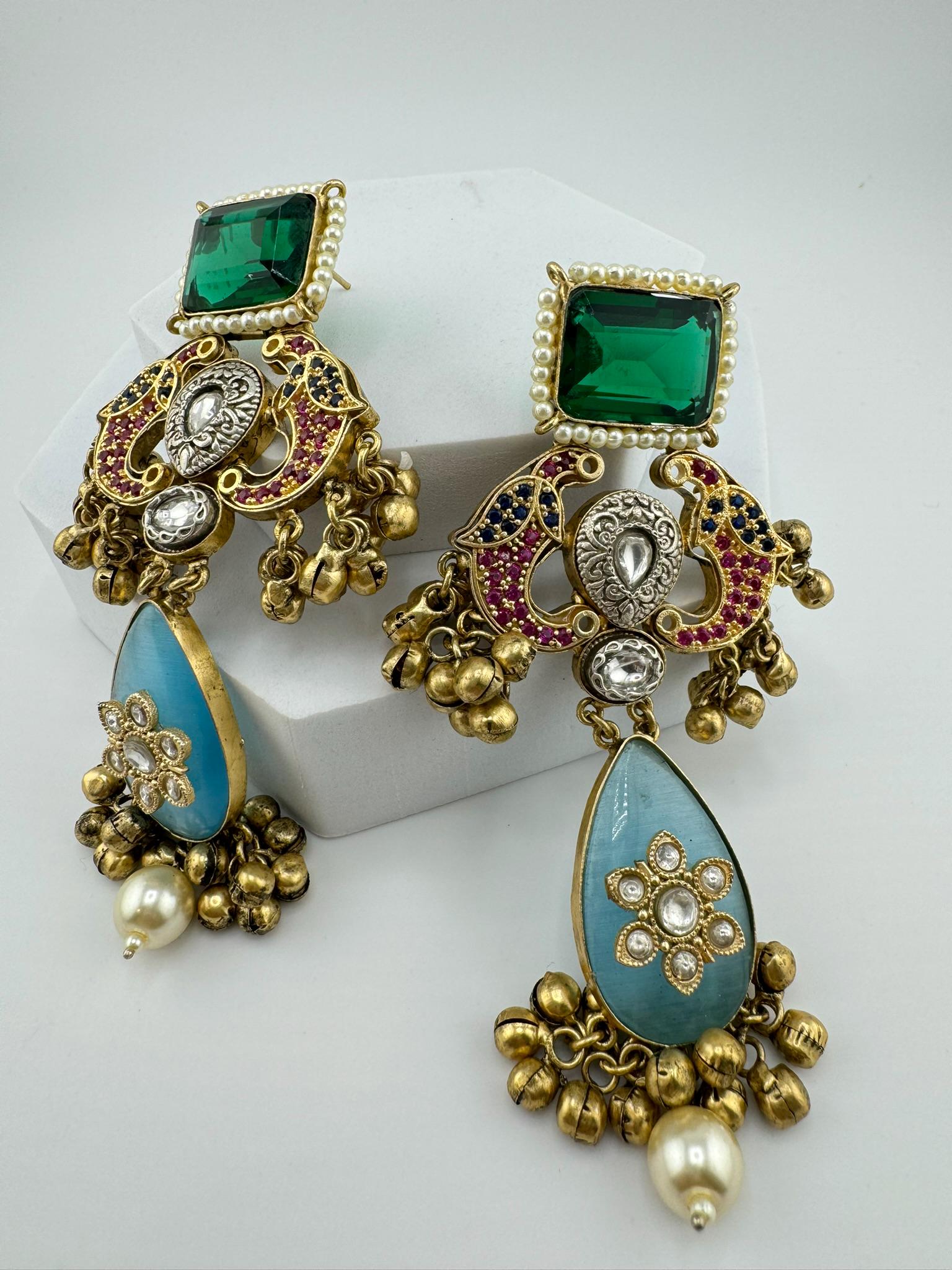 Amrapali Inspired Premium designer Chandbali Earring with Multicolor Pachi Kundan and Gungroo