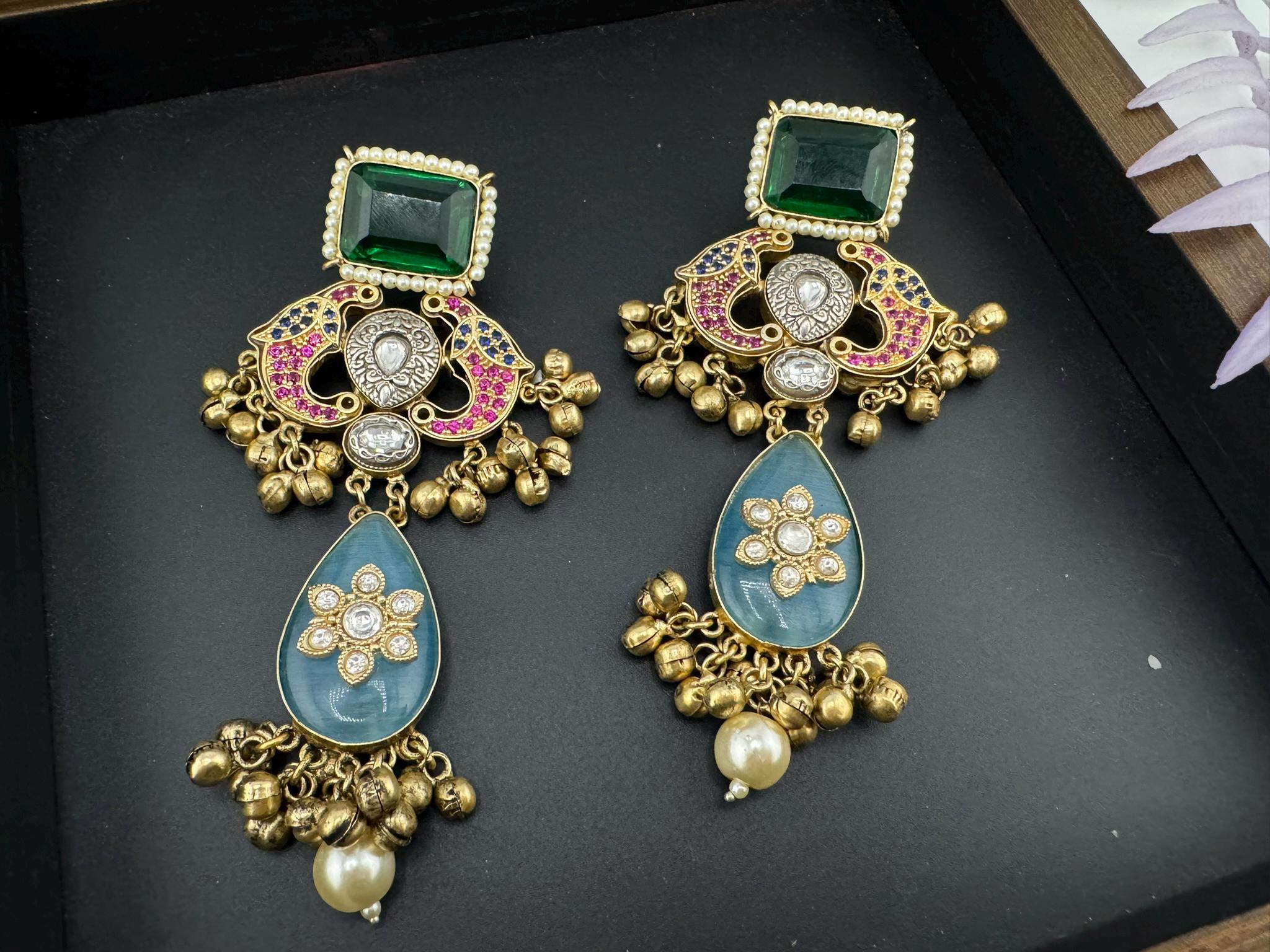 Premium Multicolor Pachi Kundan with ghungroo designer Chand Bali earring/Long Chandelier earring/Matt Gold Long Earring/Indian Bridal look