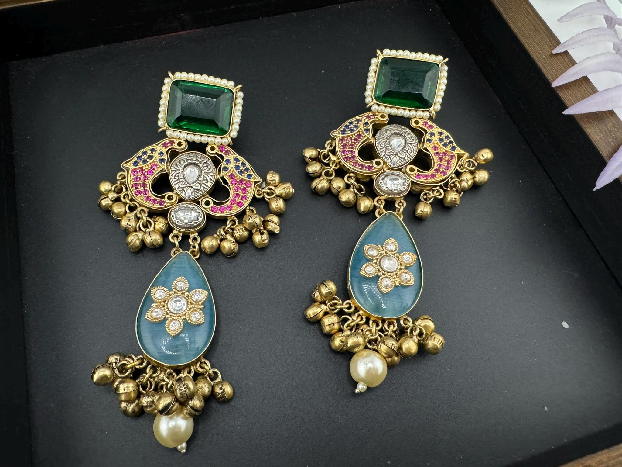 Amrapali Inspired Premium designer Chandbali Earring with Multicolor Pachi Kundan and Gungroo