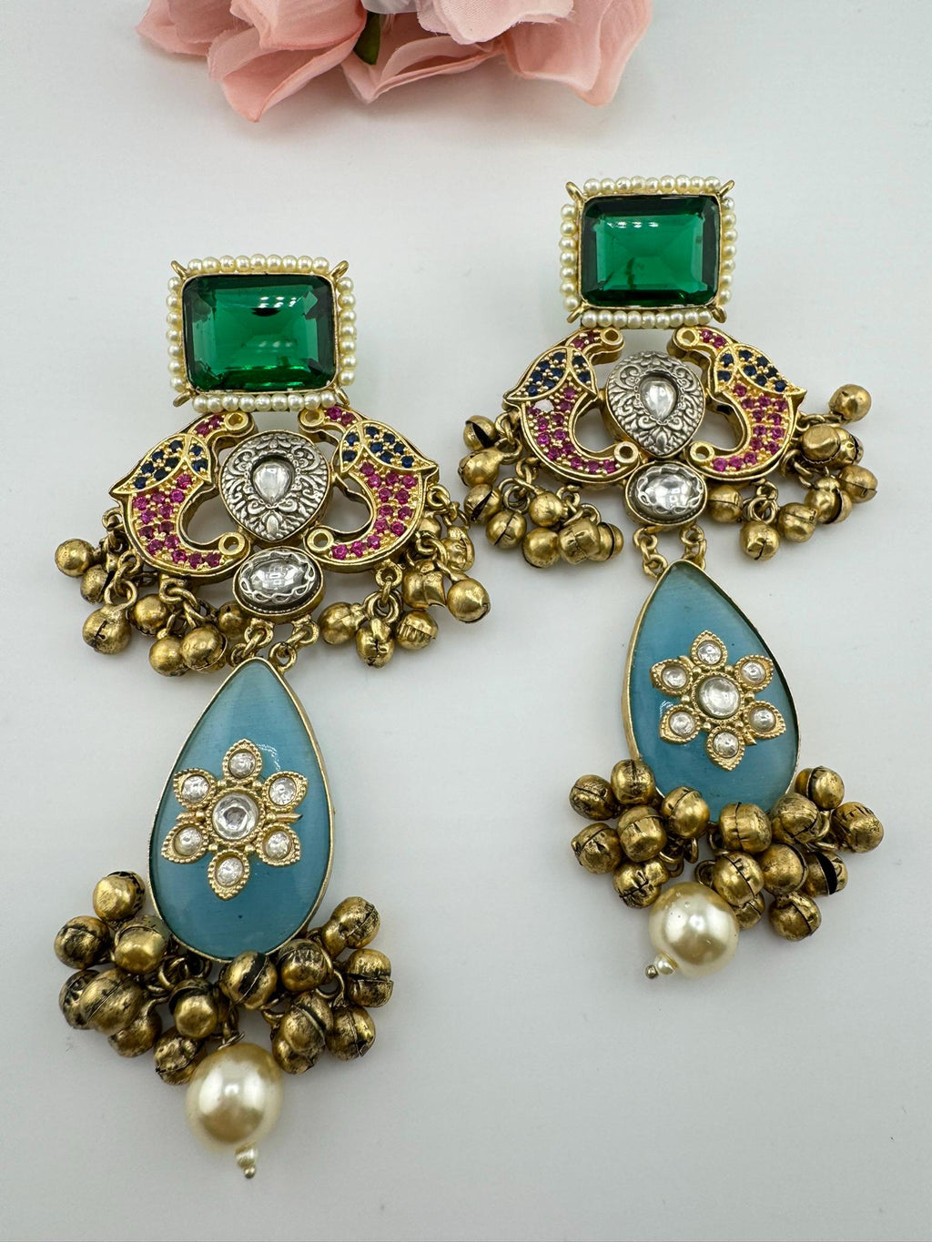 Amrapali Inspired Premium designer Chandbali Earring with Multicolor Pachi Kundan and Gungroo