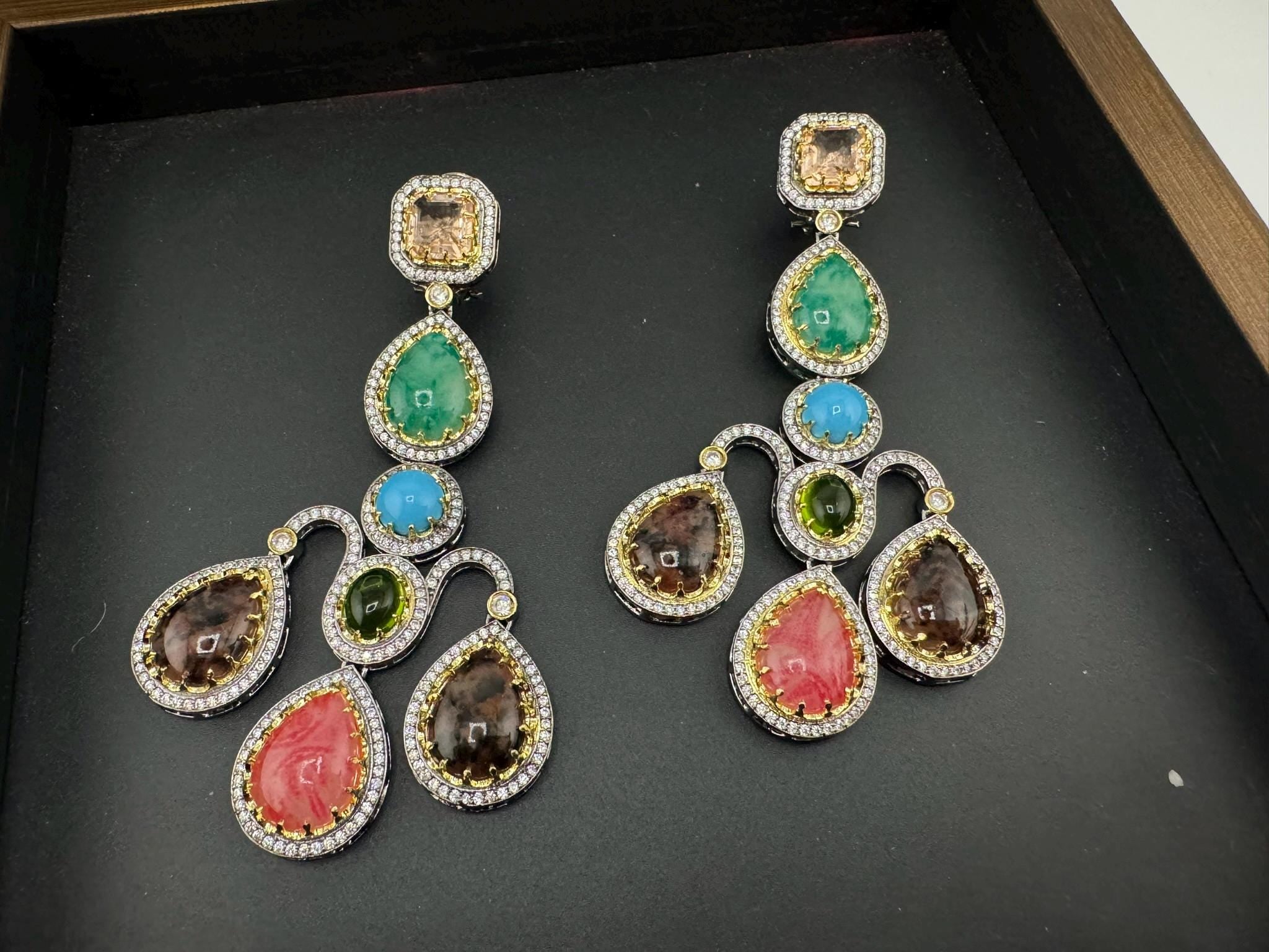 Sabyasachi inspired Premium Designer Chandelier Earrings in Multicolor Natural stone, CZ, Crystal stones