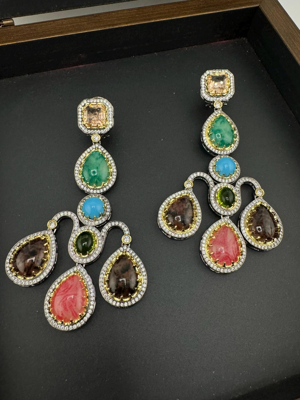 Sabyasachi inspired Premium Designer Chandelier Earrings in Multicolor Natural stone, CZ, Crystal stones