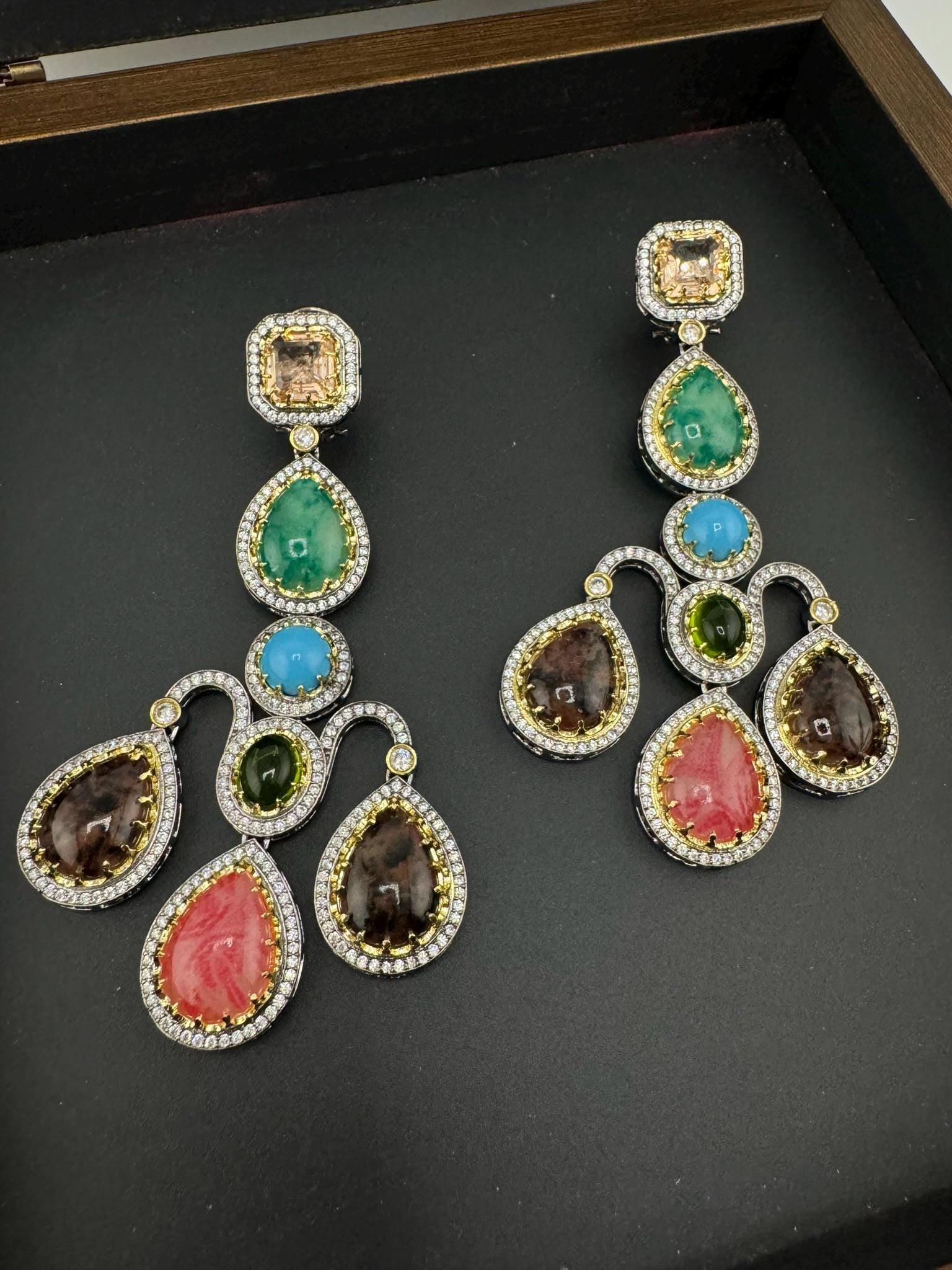 Sabyasachi inspired Premium Designer Chandelier Earrings in Multicolor Natural stone, CZ, Crystal stones