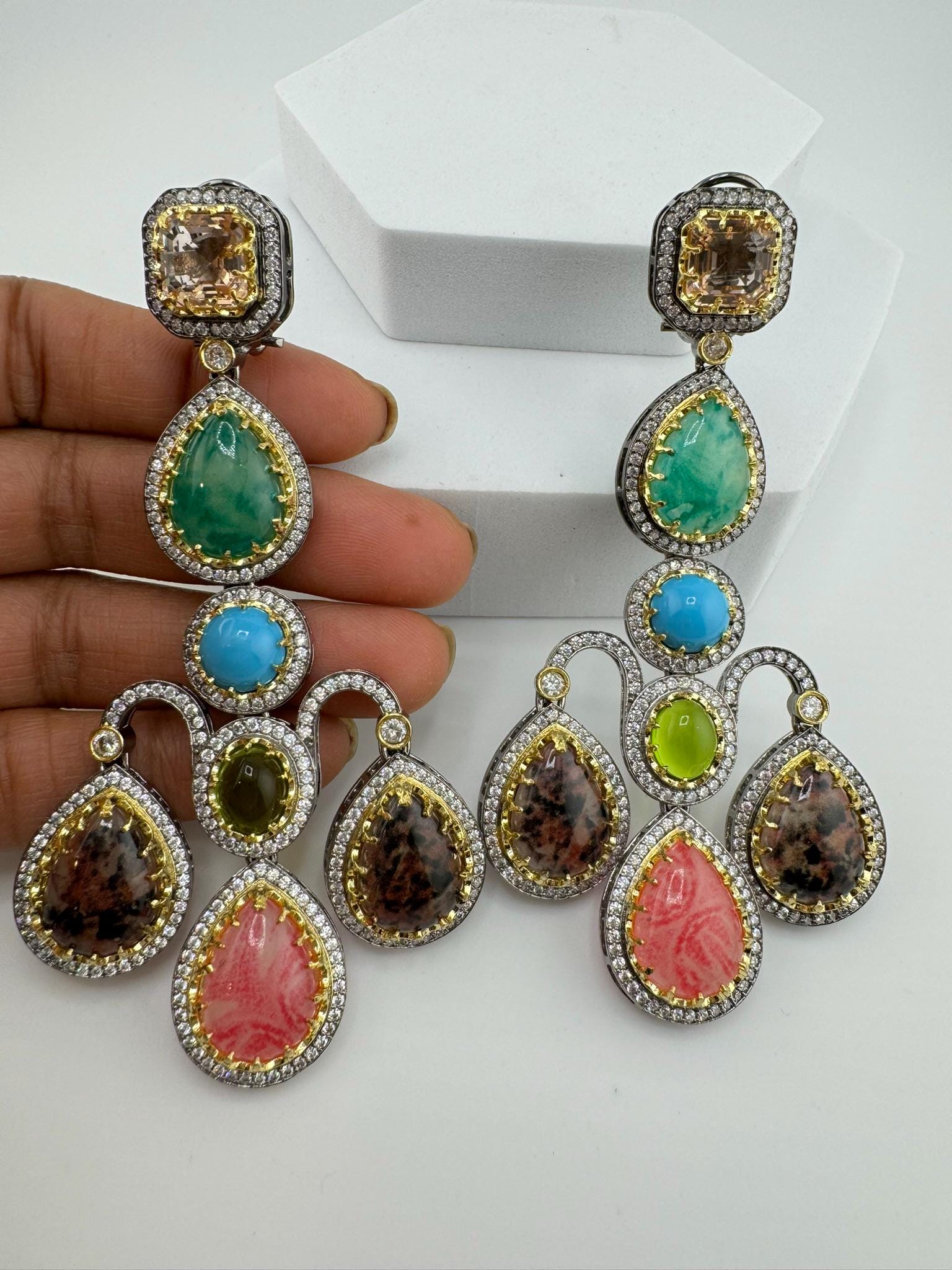Sabyasachi inspired Premium Designer Chandelier Earrings in Multicolor Natural stone, CZ, Crystal stones