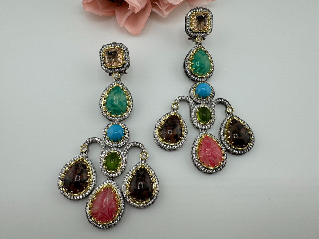 Sabyasachi inspired Premium Designer Chandelier Earrings in Multicolor Natural stone, CZ, Crystal stones