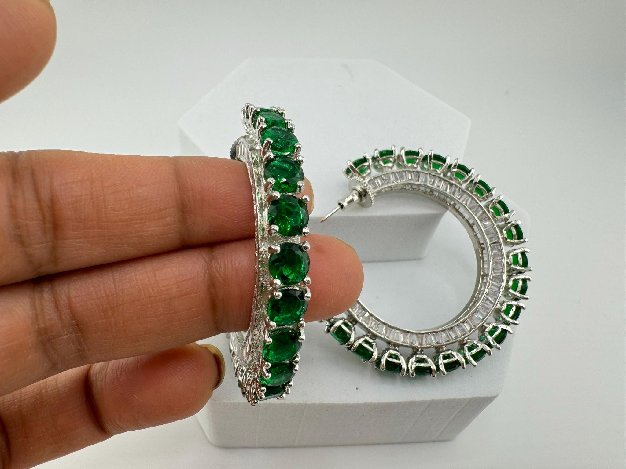 High Quality Premium Emerald Green Swarovski inspired, all around stones Open Hoop designer earrings/statement jewelry/Silver Hoop earrings