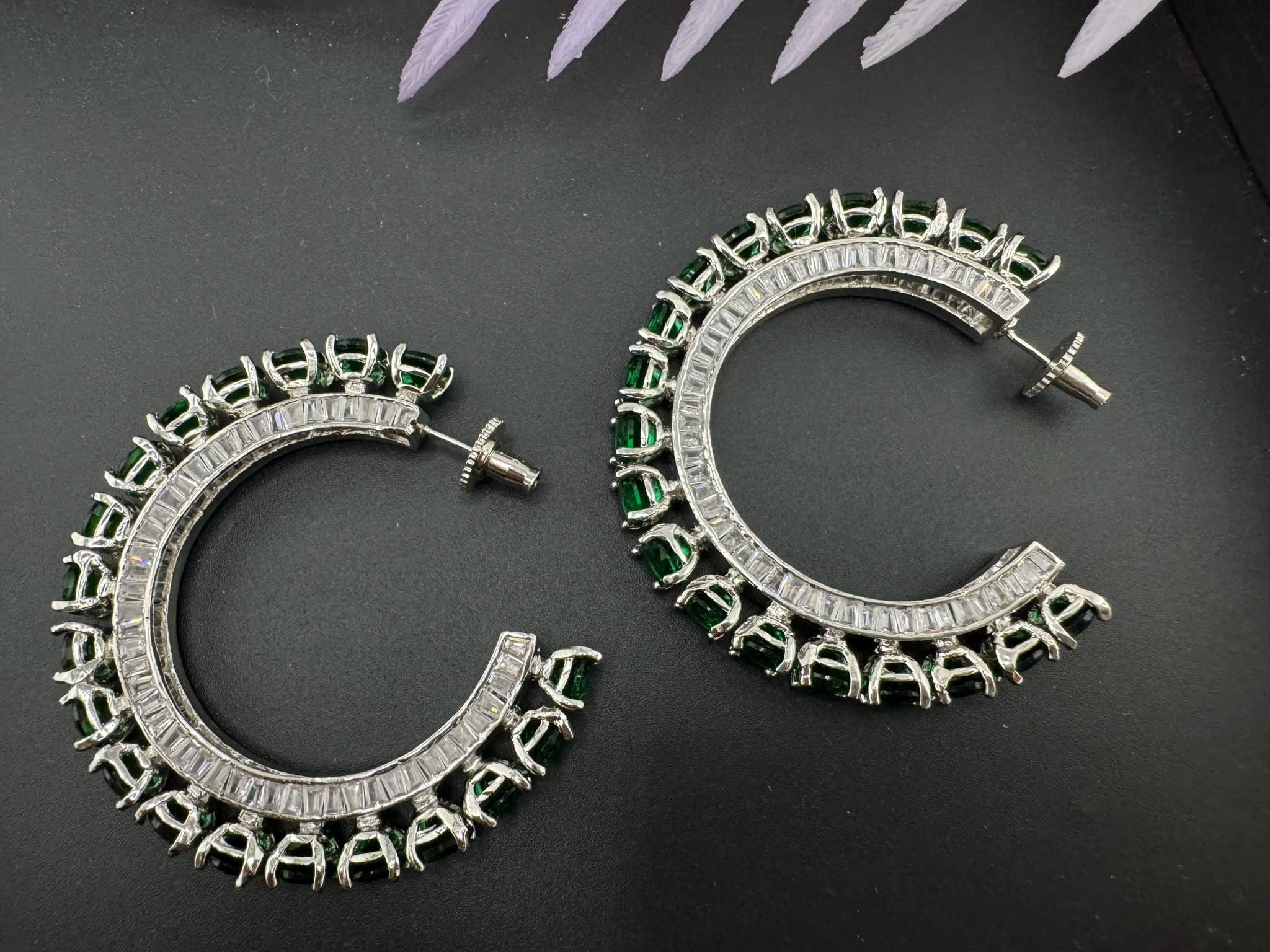 High Quality Premium Emerald Green Swarovski inspired, all around stones Open Hoop designer earrings/statement jewelry/Silver Hoop earrings