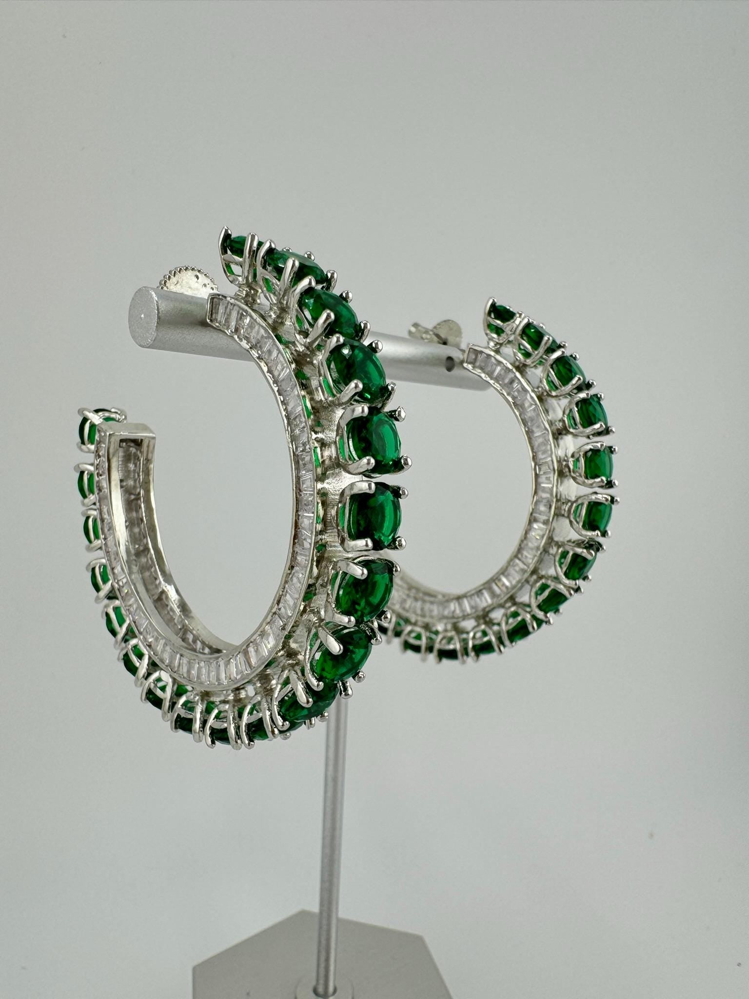 High Quality Premium Emerald Green Swarovski inspired, all around stones Open Hoop designer earrings/statement jewelry/Silver Hoop earrings