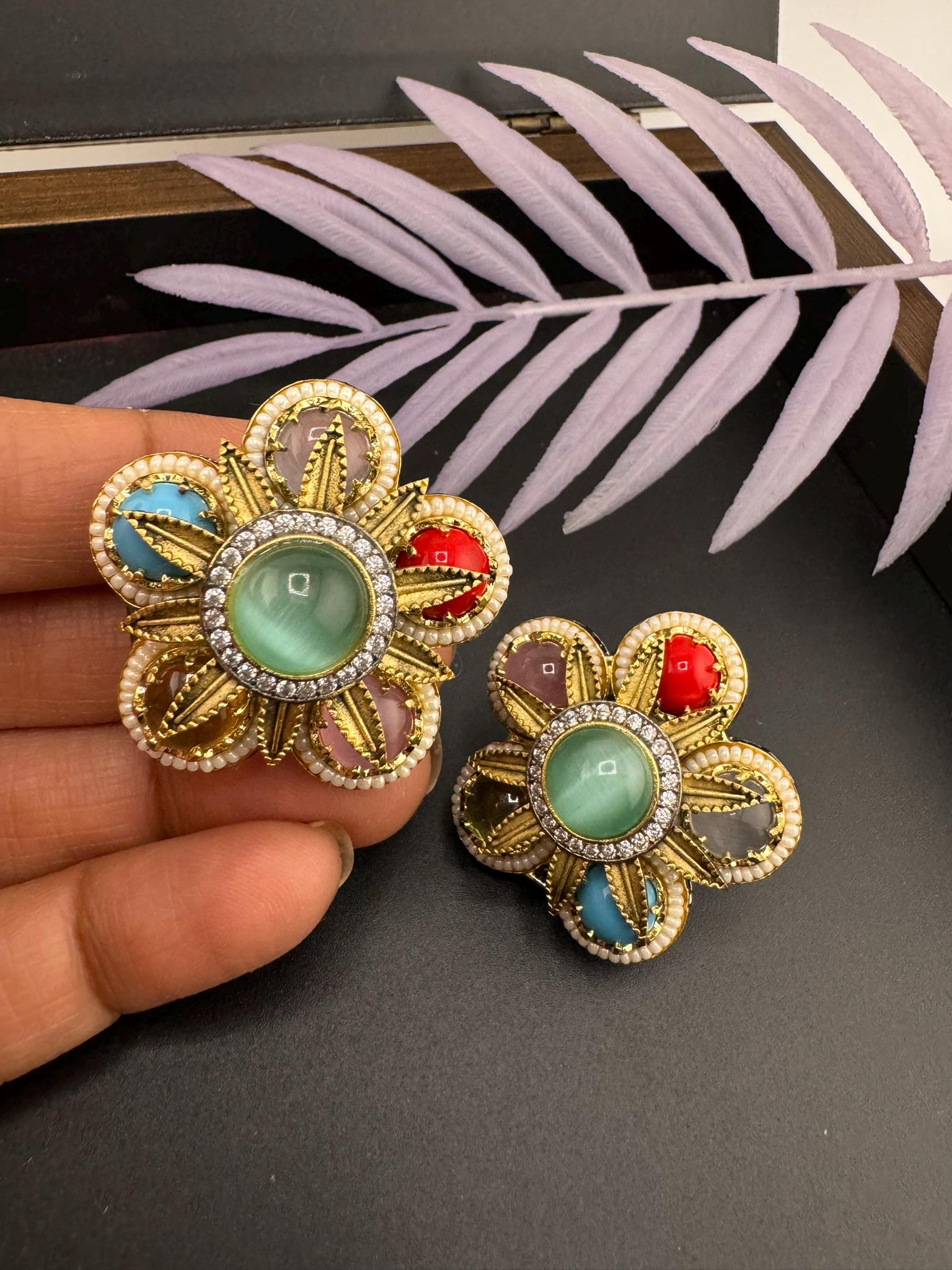 Sabyasachi inspired Premium designer Stud Earrings in Multicolor Natural stone, CZ and pearls