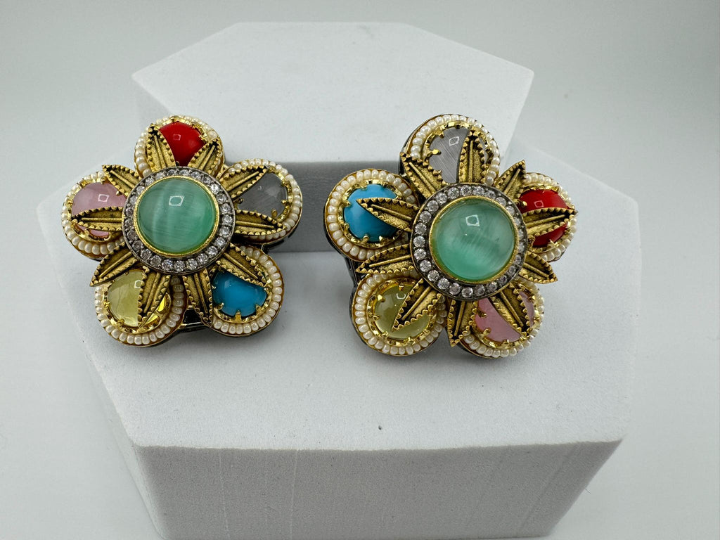 Sabyasachi inspired Premium designer Stud Earrings in Multicolor Natural stone, CZ and pearls