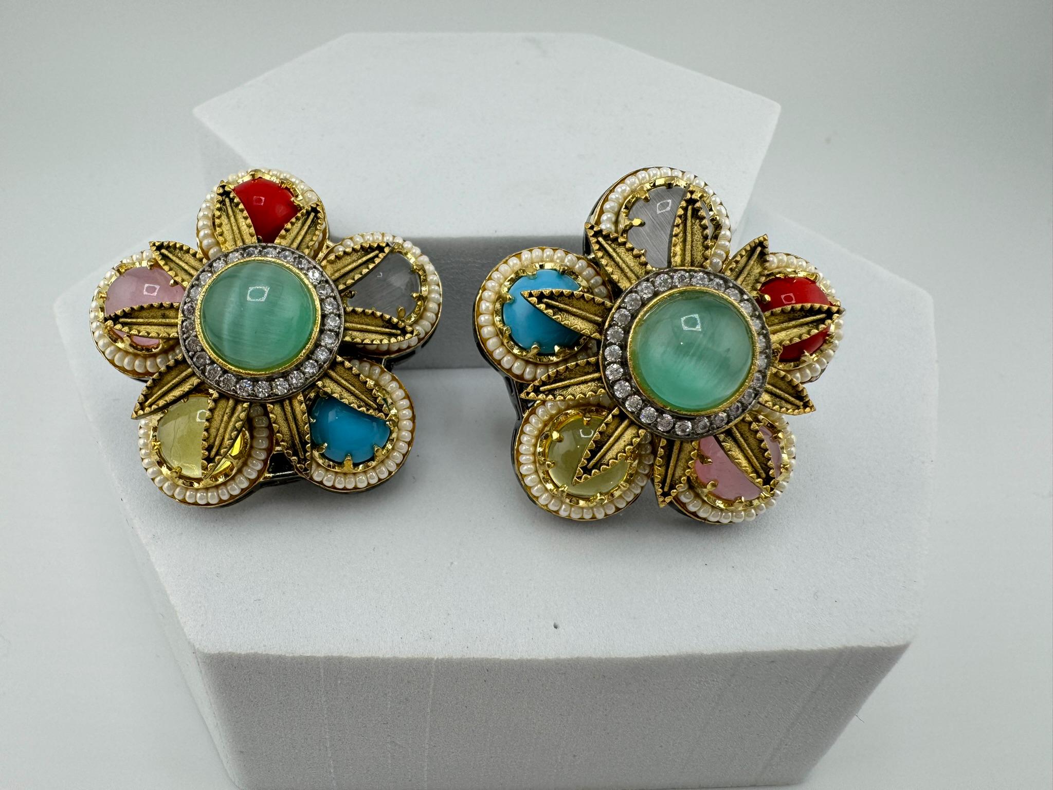 Sabyasachi inspired Premium designer Stud Earrings in Multicolor Natural stone, CZ and pearls