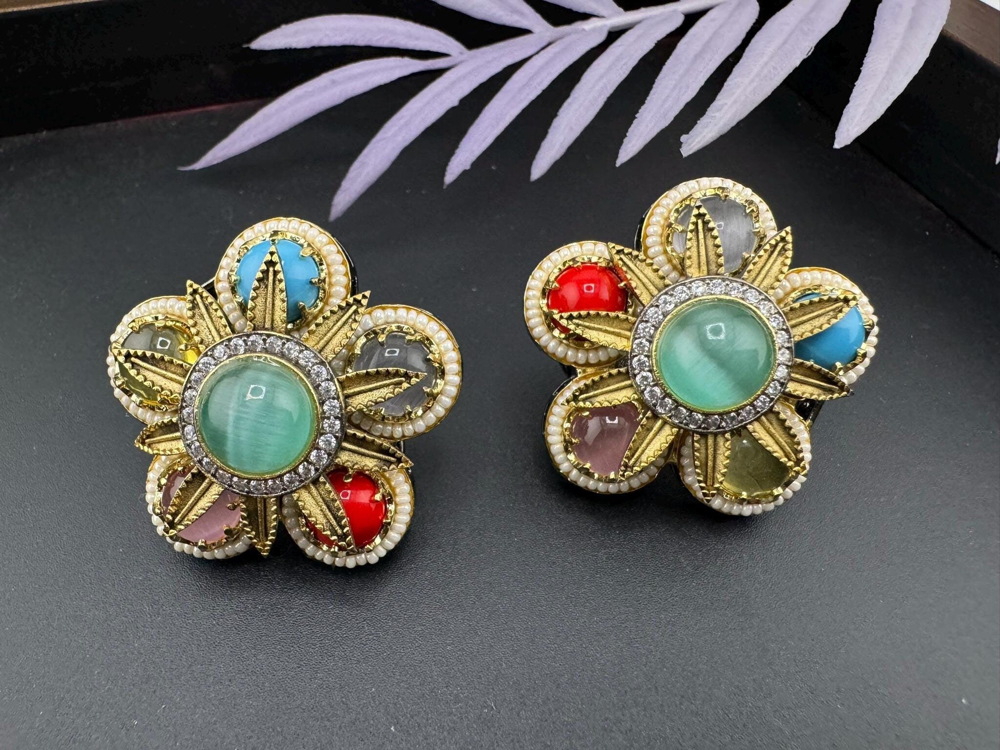 High Quality Premium Multicolor Natural stone, CZ, pearls, Sabyasachi inspired designer stud earring/Big Stud earring/Victorian large studs