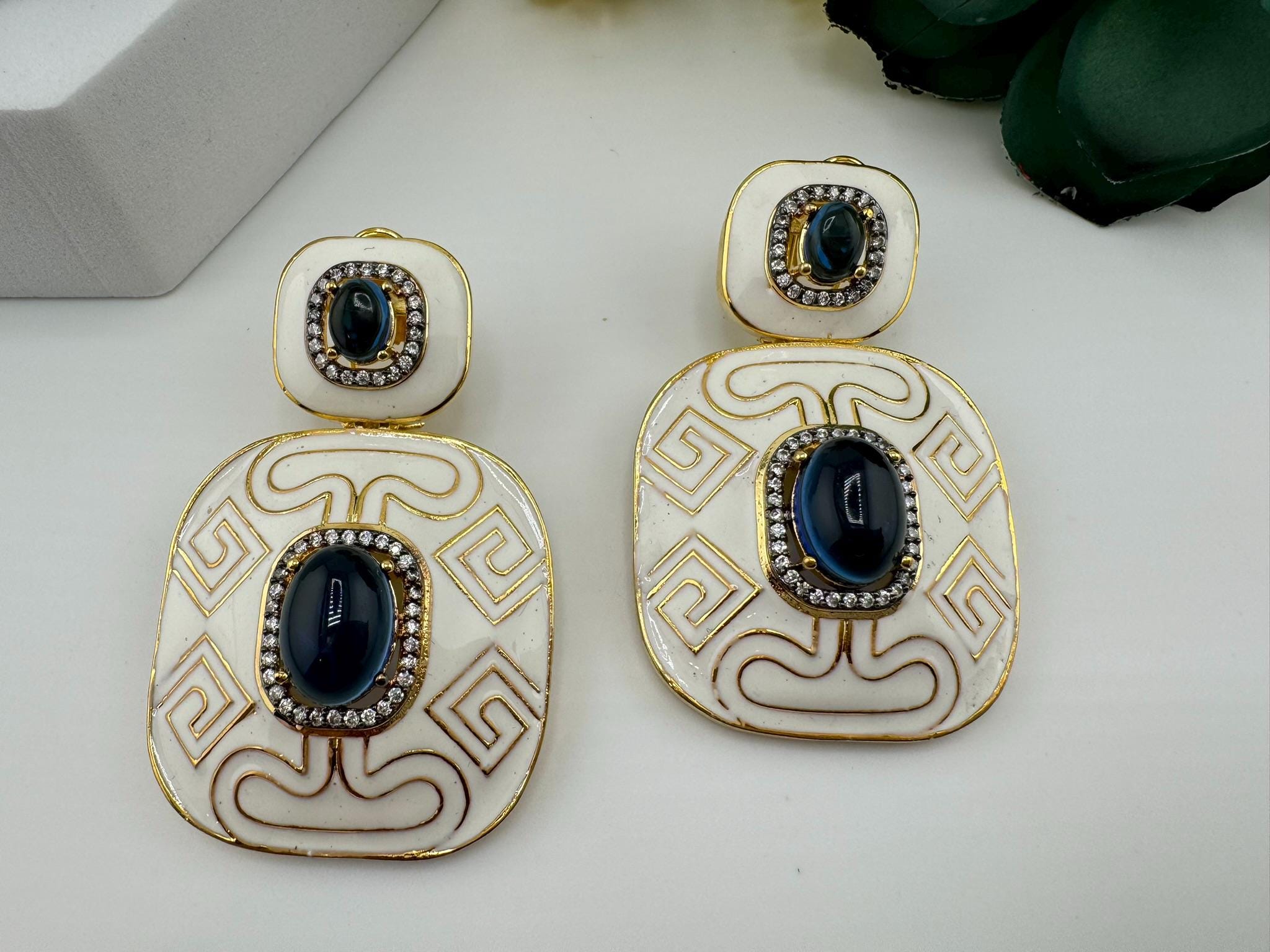 Premium White Enamel with CZ and Blue Stone and gold detailed designer Dangle earrings