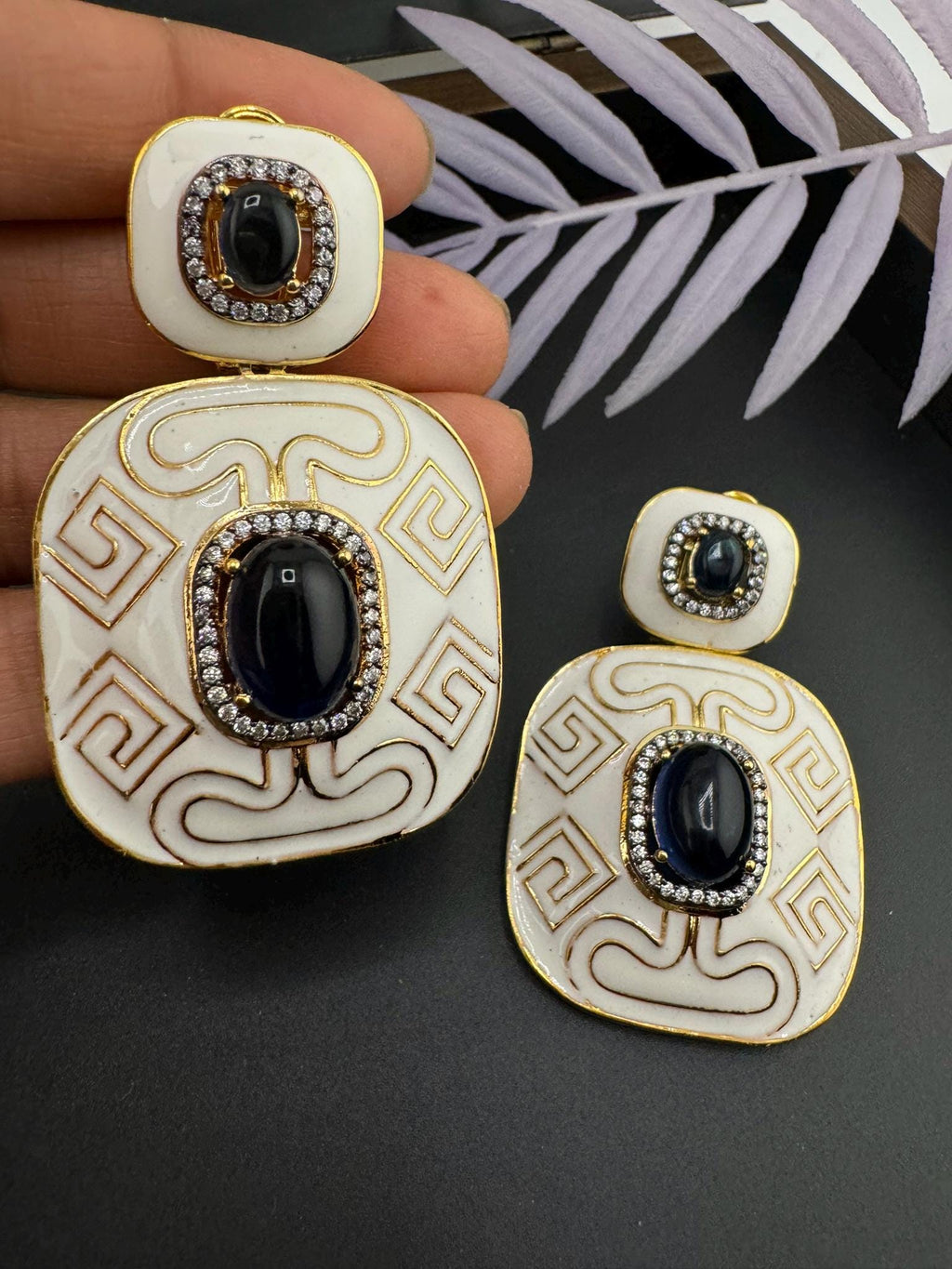 Premium White Enamel with CZ and Blue Stone and gold detailed designer Dangle earrings