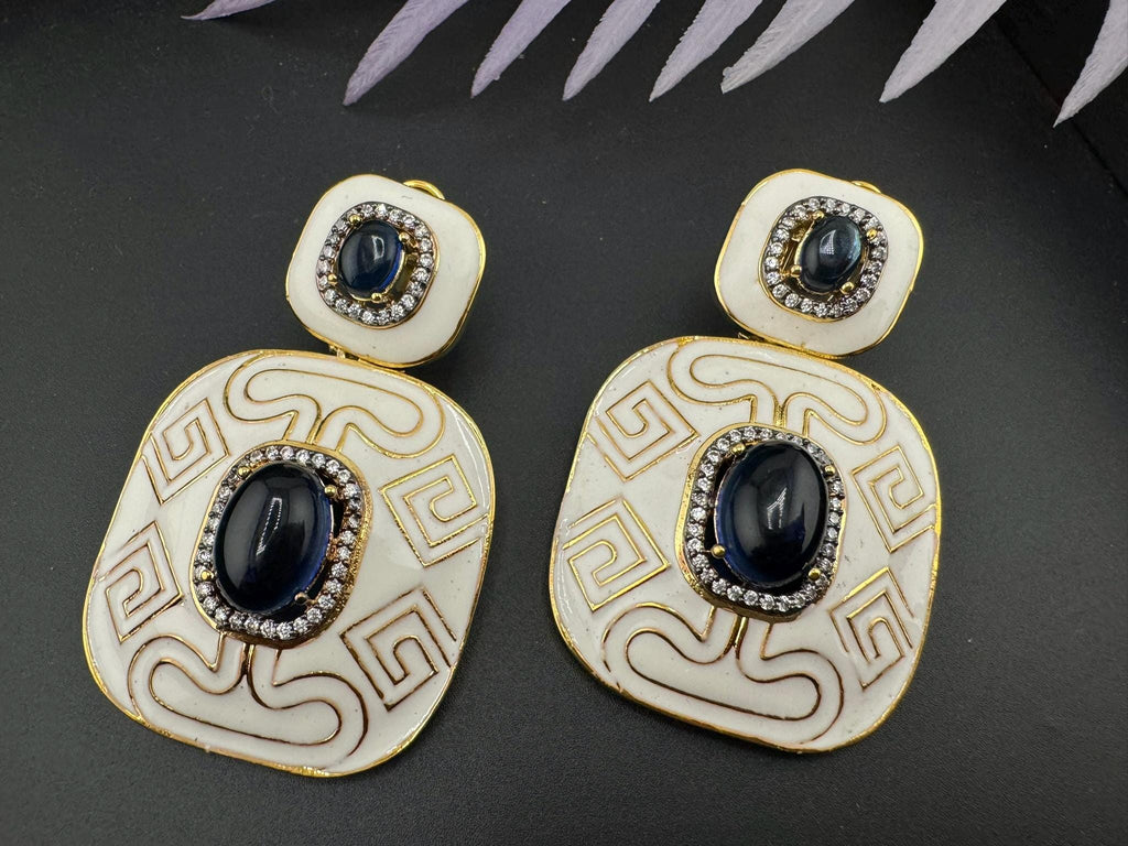 Premium White Enamel with CZ and Blue Stone and gold detailed designer Dangle earrings