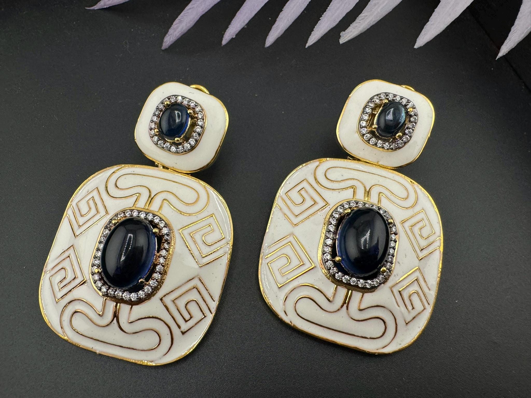 Premium White Enamel with CZ and Blue Stone and gold detailed designer Dangle earrings
