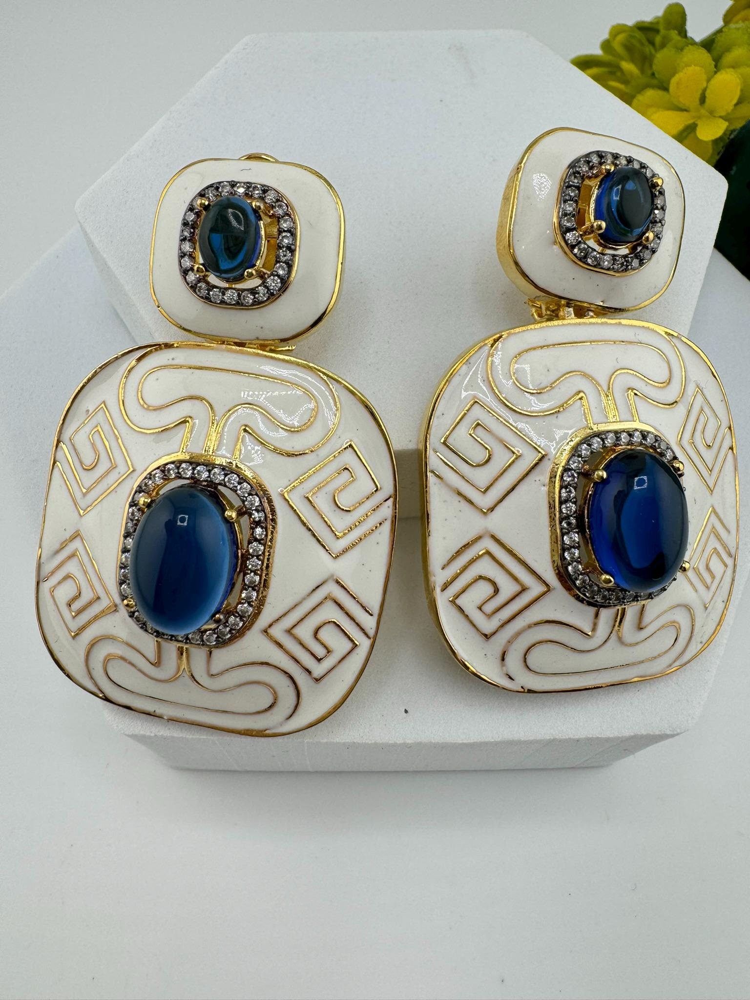 Premium White Enamel with CZ and Blue Stone and gold detailed designer Dangle earrings