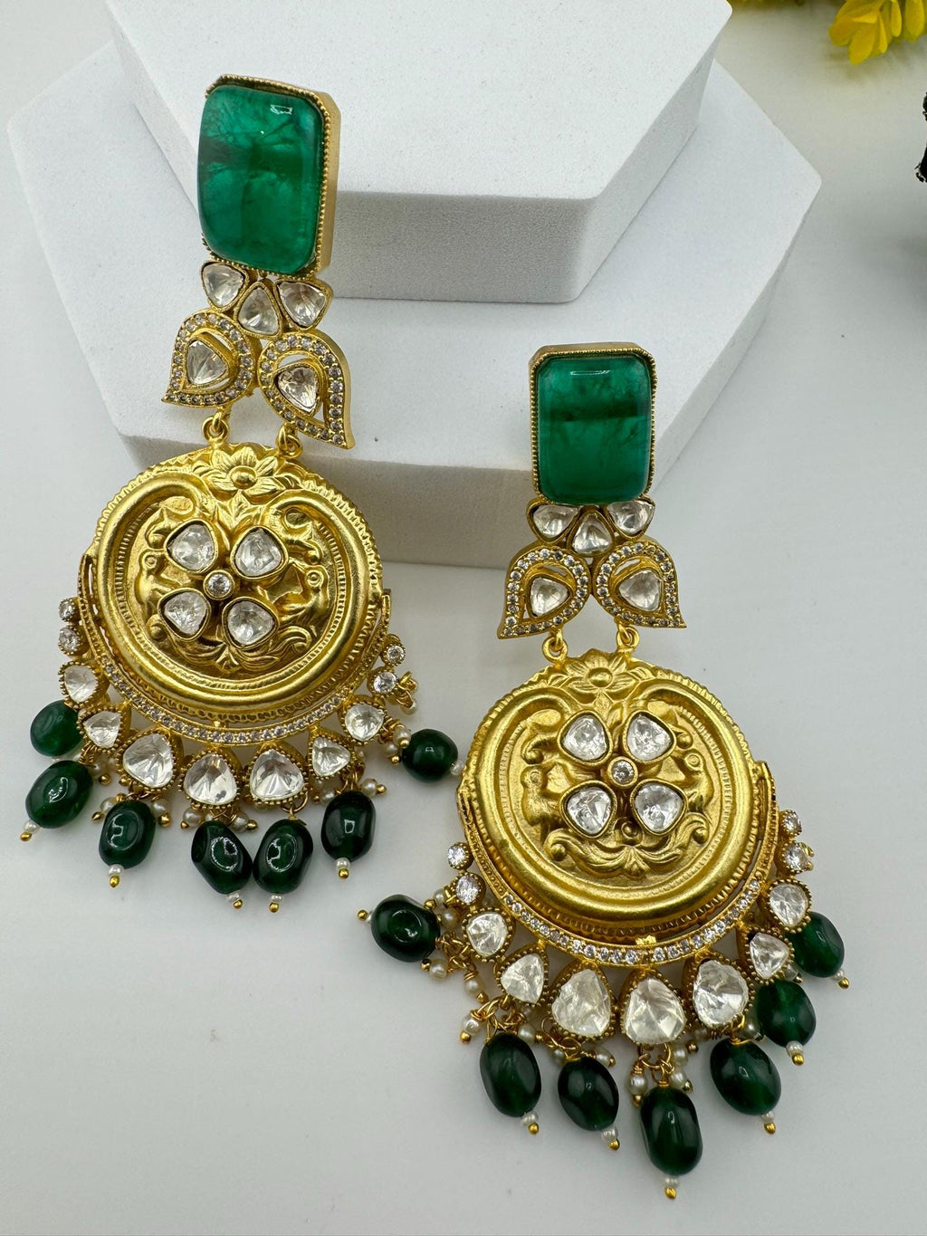 Amrapali Inspired Designer Premium Chandbali with Green stones, Moissanite Kundan and CZ long earrings