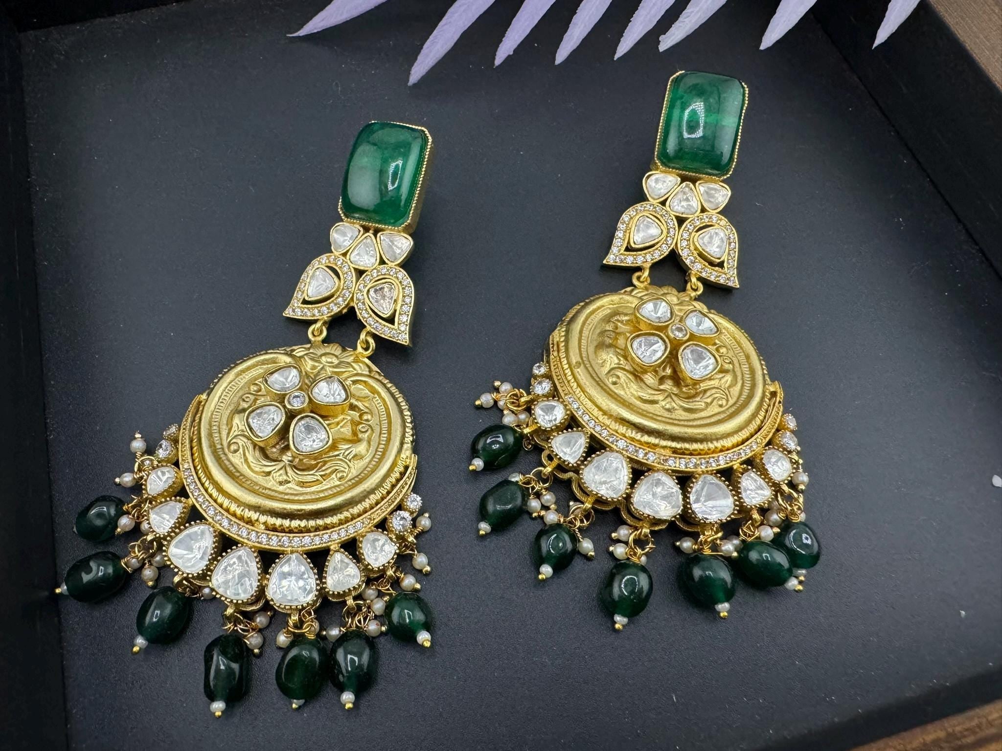 Amrapali Inspired Designer Premium Chandbali with Green stones, Moissanite Kundan and CZ long earrings
