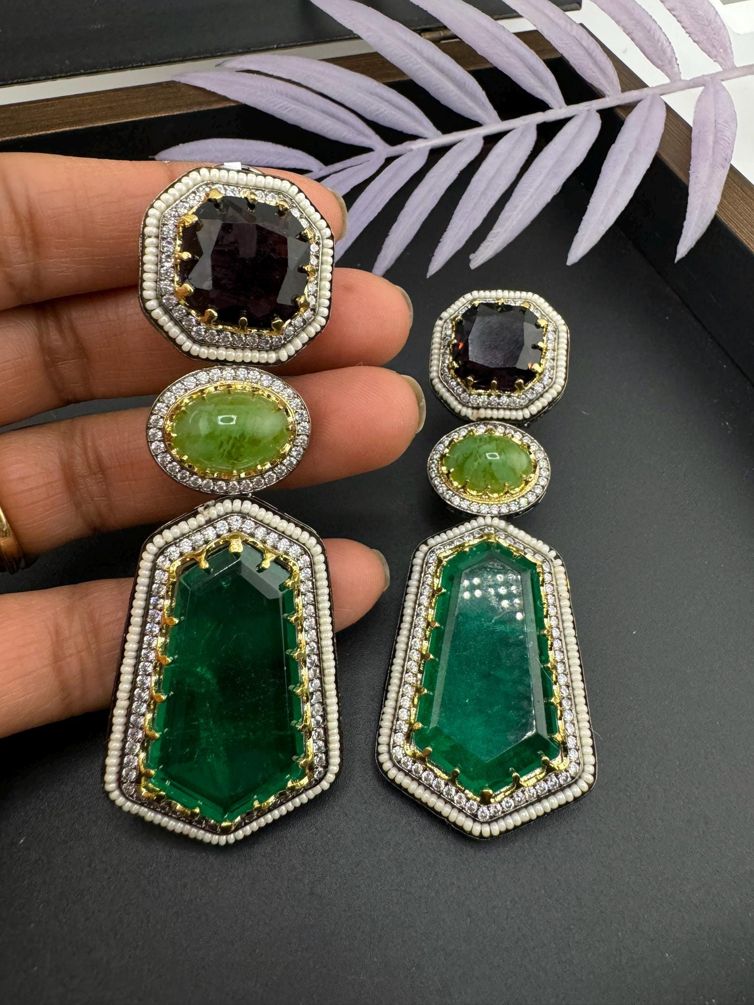 Sabyasachi Inspired designer Premium Purple and Green Victorian long earrings in CZ and pearls details
