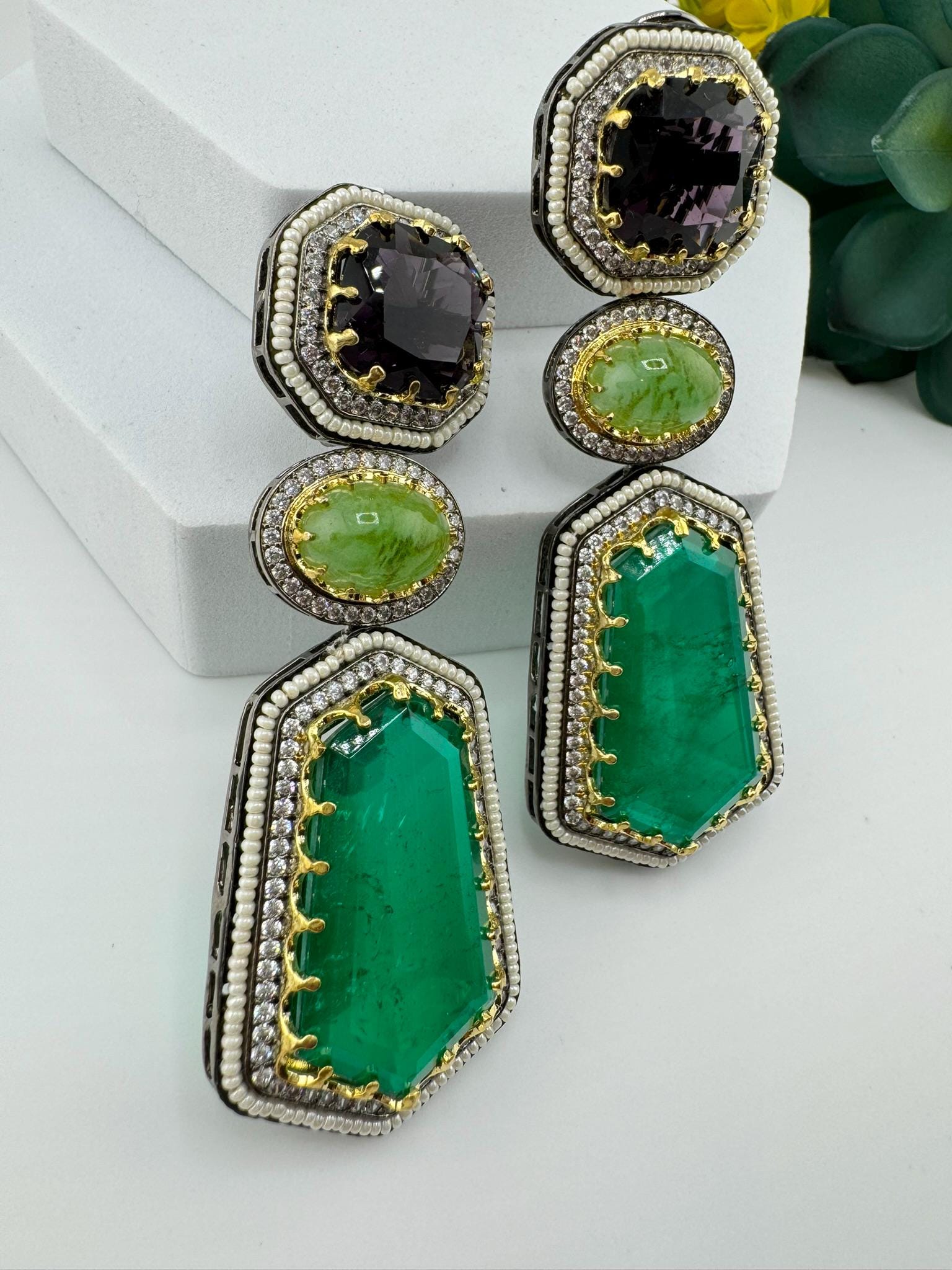 Sabyasachi Inspired designer Premium Purple and Green Victorian long earrings in CZ and pearls details