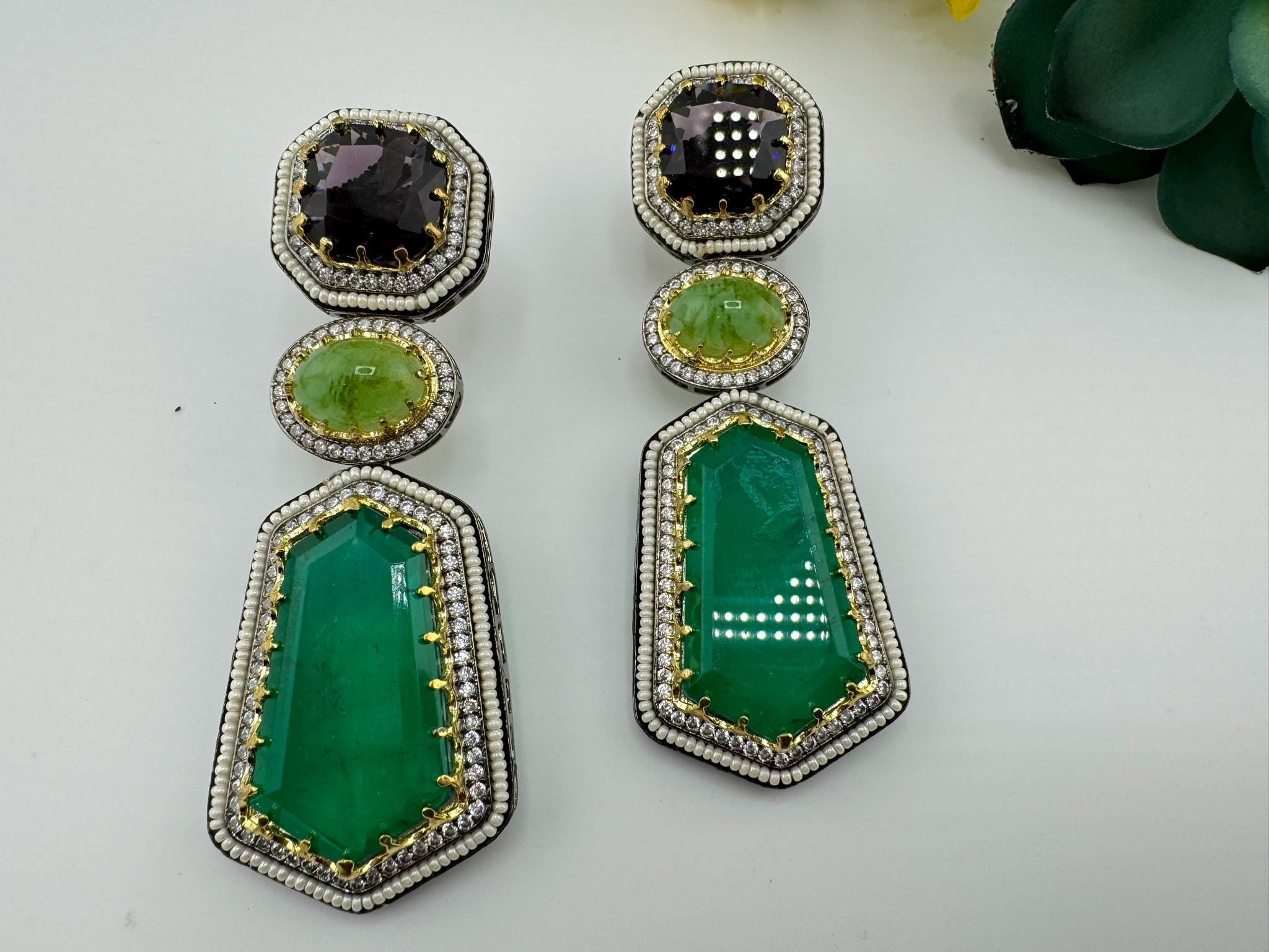 Sabyasachi Inspired designer Premium Purple and Green Victorian long earrings in CZ and pearls details