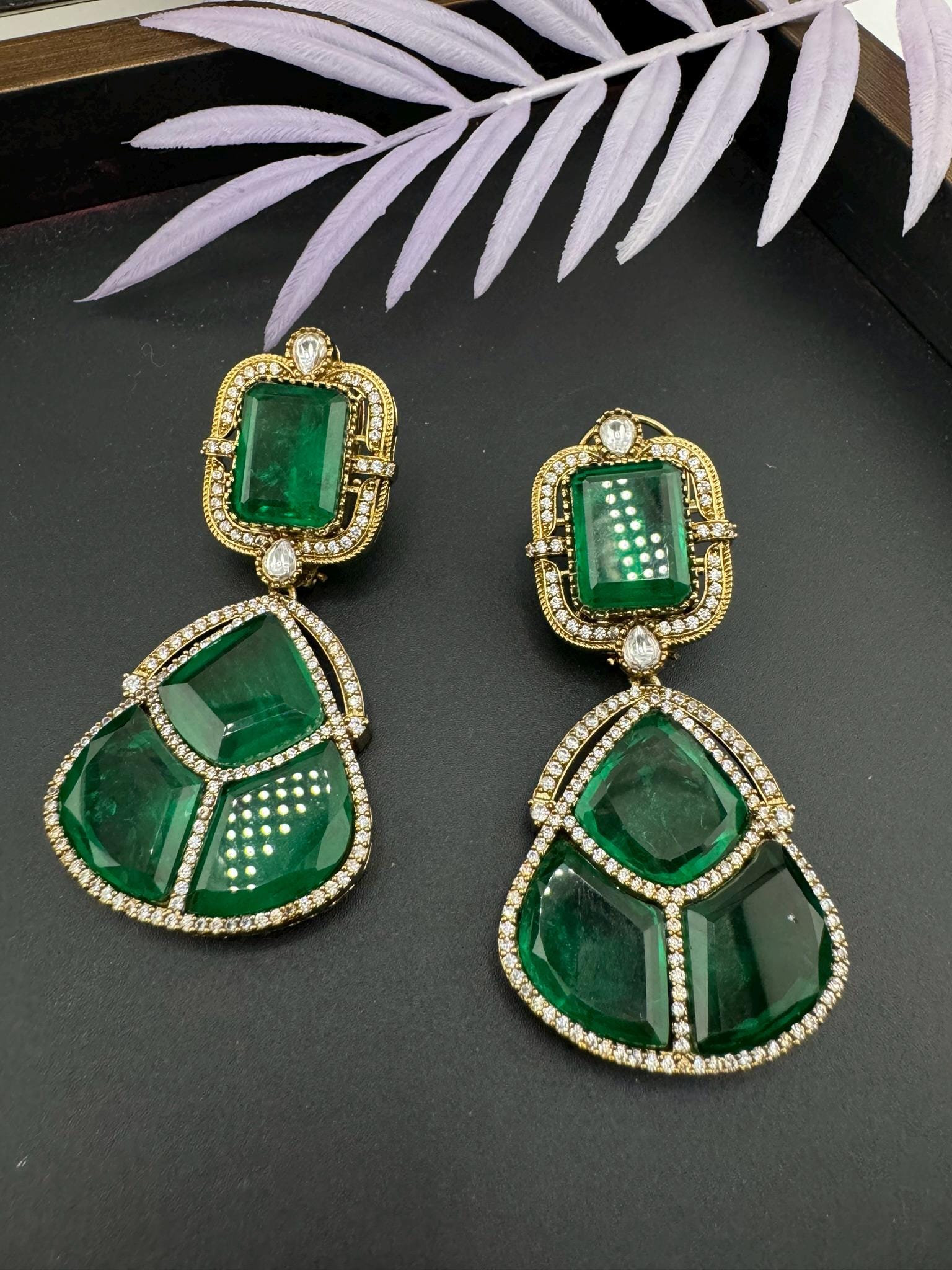 Premium Green Doublet and glass stones earrings with Moissanite kundan, CZ details designer Chandelier earring/Indian earring/Bridal Jewelry